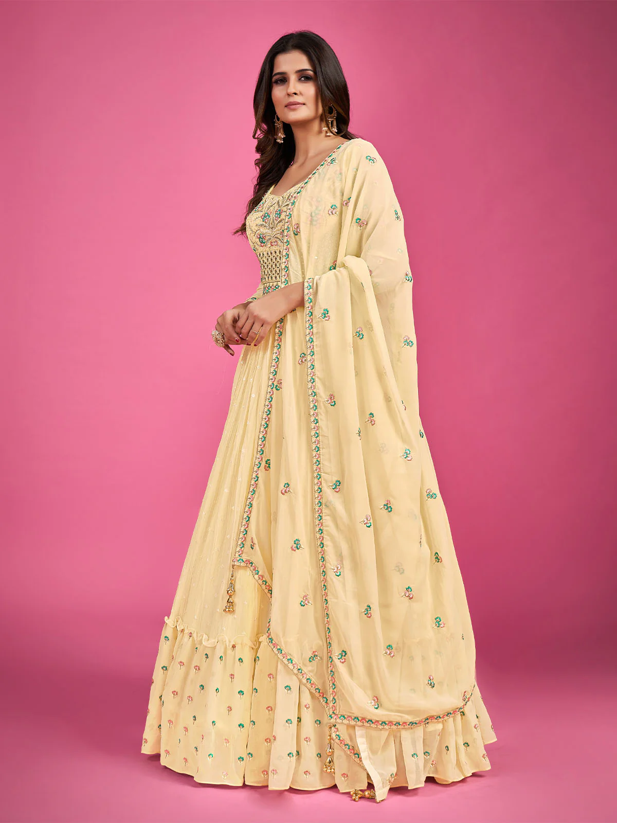 Odette Yellow Georgette Embroidered Stitched Gown With Dupatta For Women - Image 2
