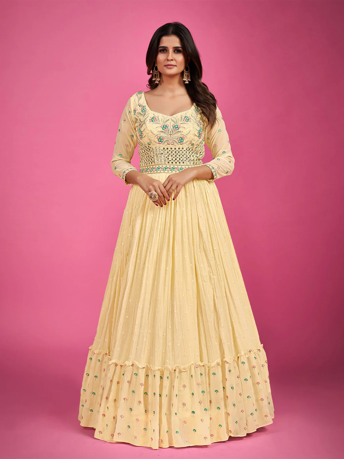 Odette Yellow Georgette Embroidered Stitched Gown With Dupatta For Women - Image 4