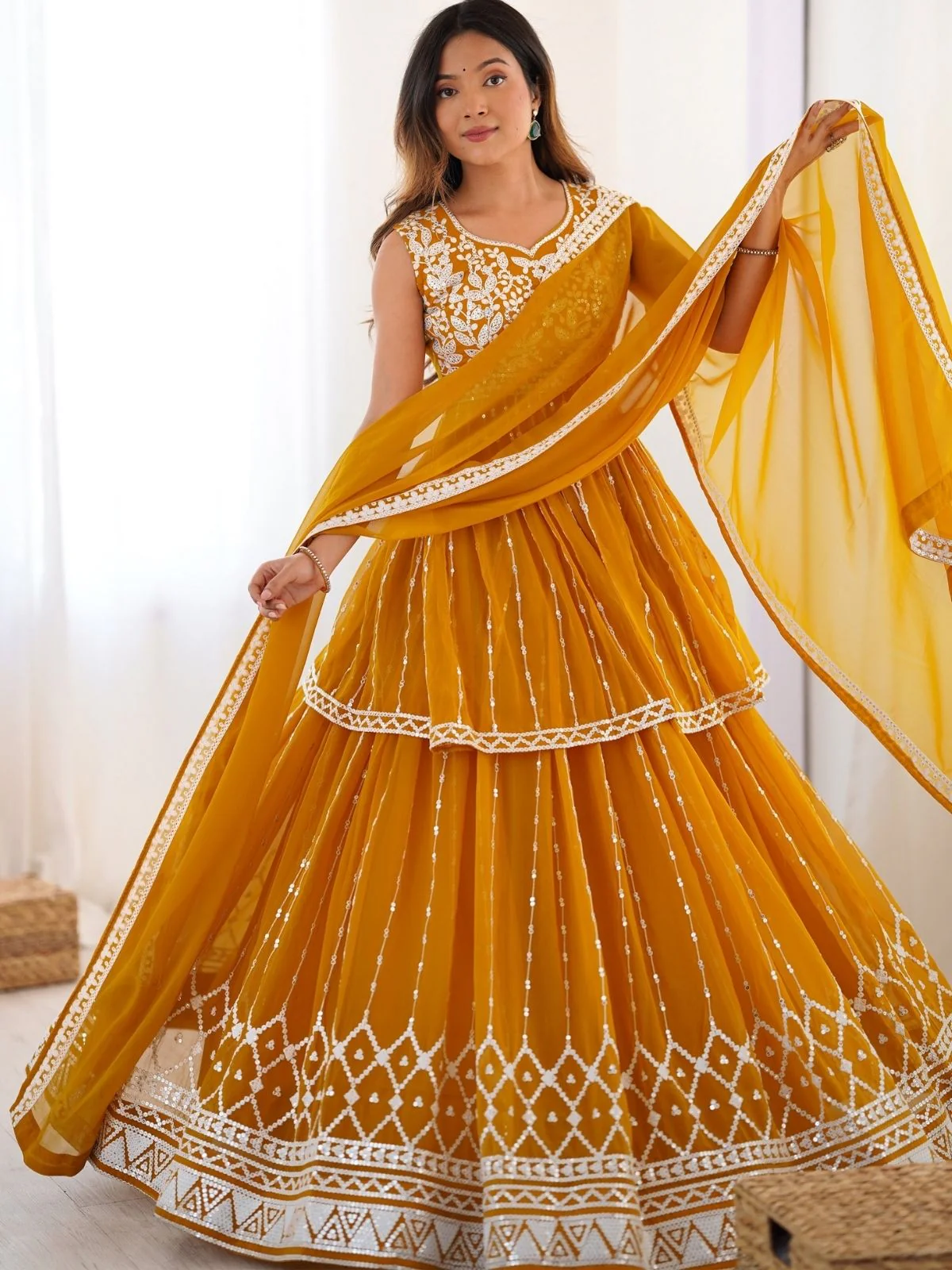 Odette Yellow Georgette Embroidered Stitched Kurta Set For Women - Image 2