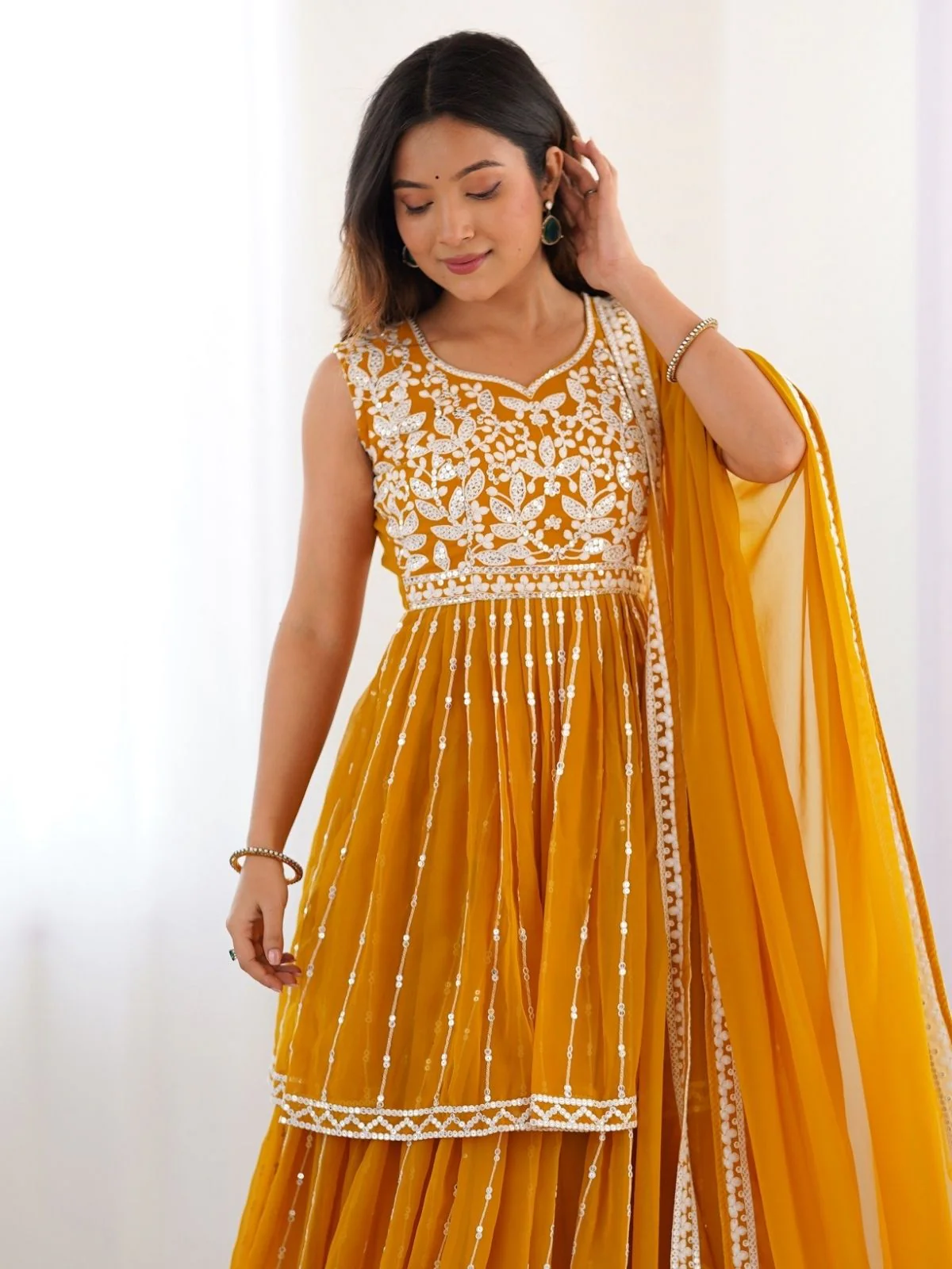Odette Yellow Georgette Embroidered Stitched Kurta Set For Women - Image 4