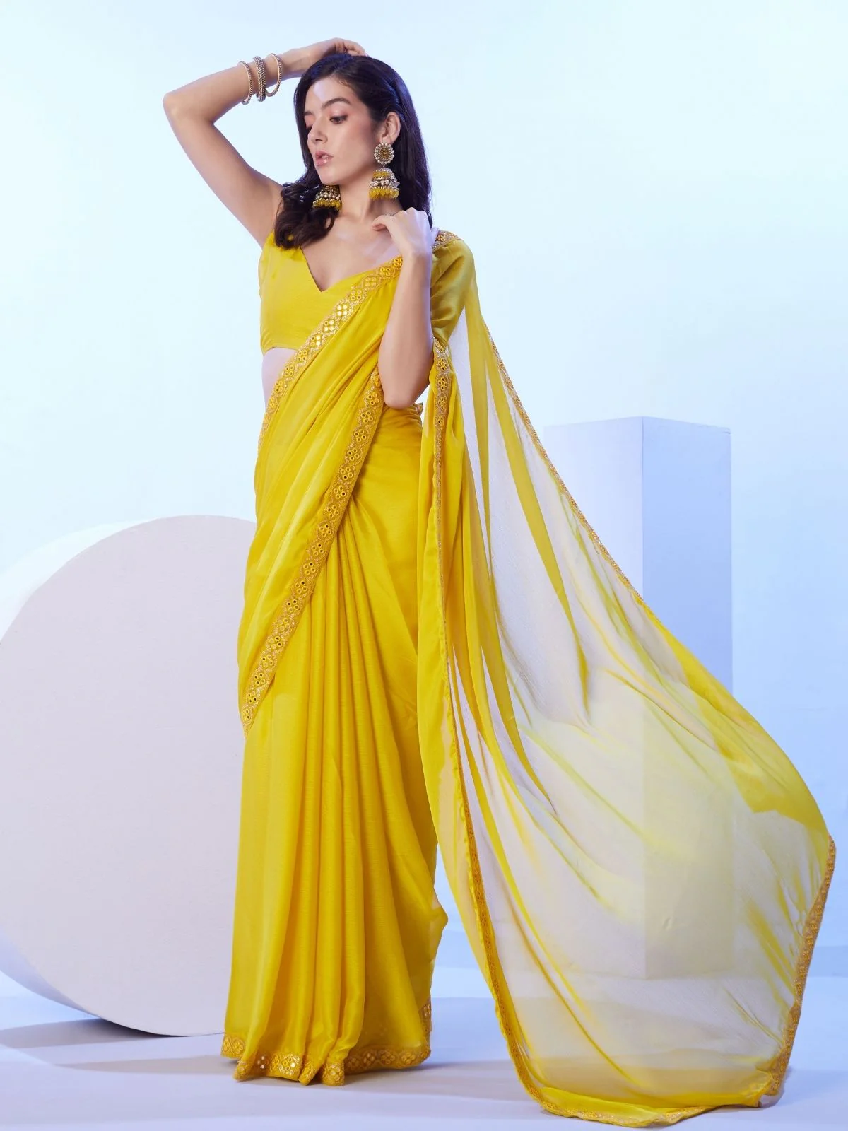 Odette Yellow Georgette Lace Work Saree With Unstitched Blouse For Women - Image 3