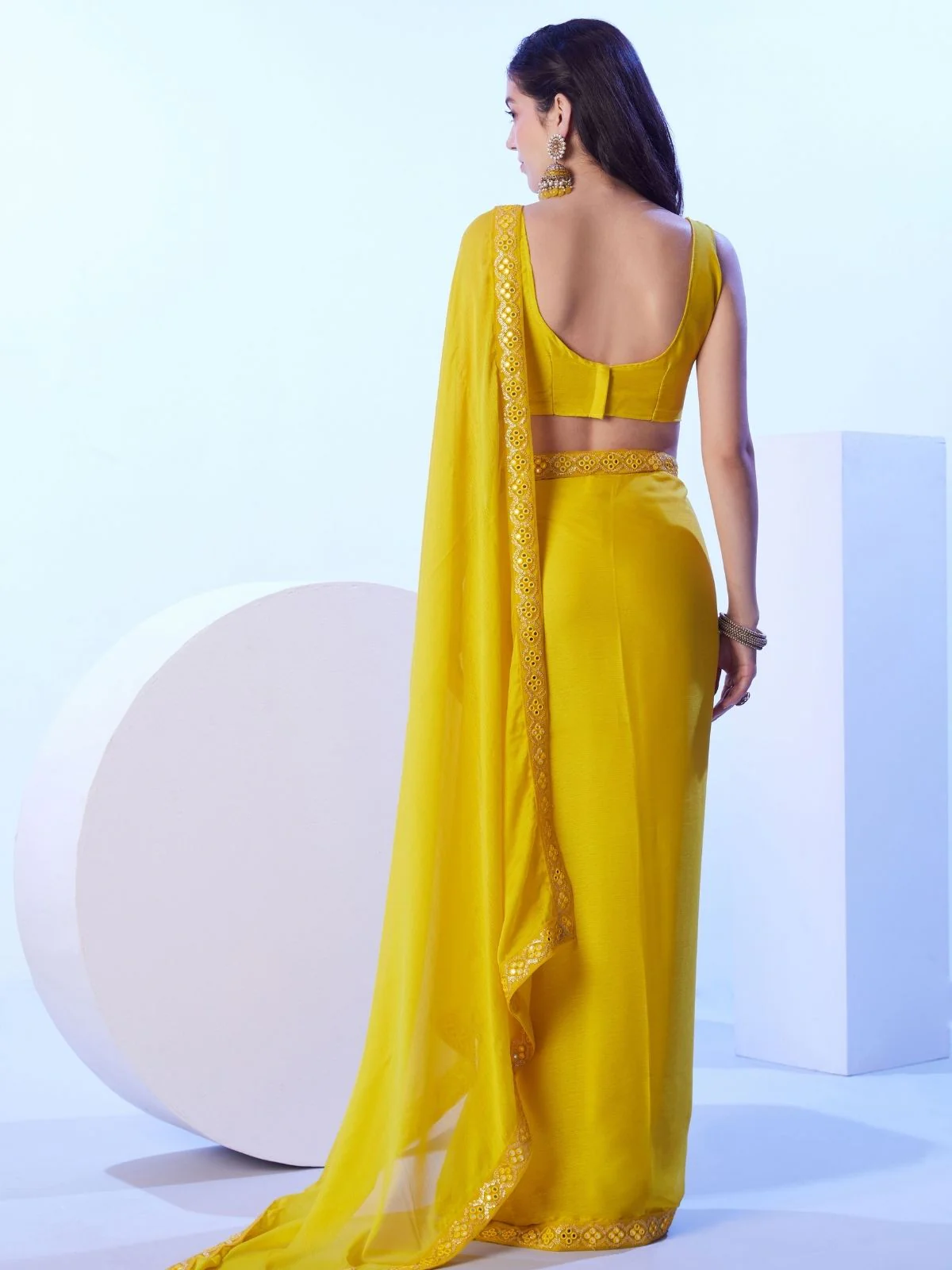 Odette Yellow Georgette Lace Work Saree With Unstitched Blouse For Women - Image 5