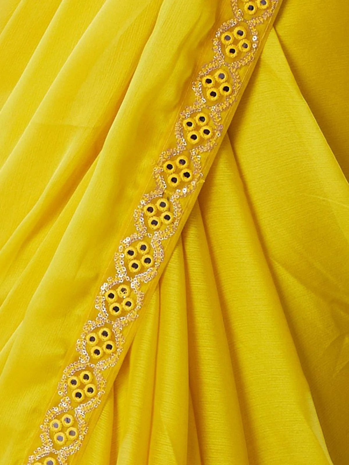 Odette Yellow Georgette Lace Work Saree With Unstitched Blouse For Women - Image 6