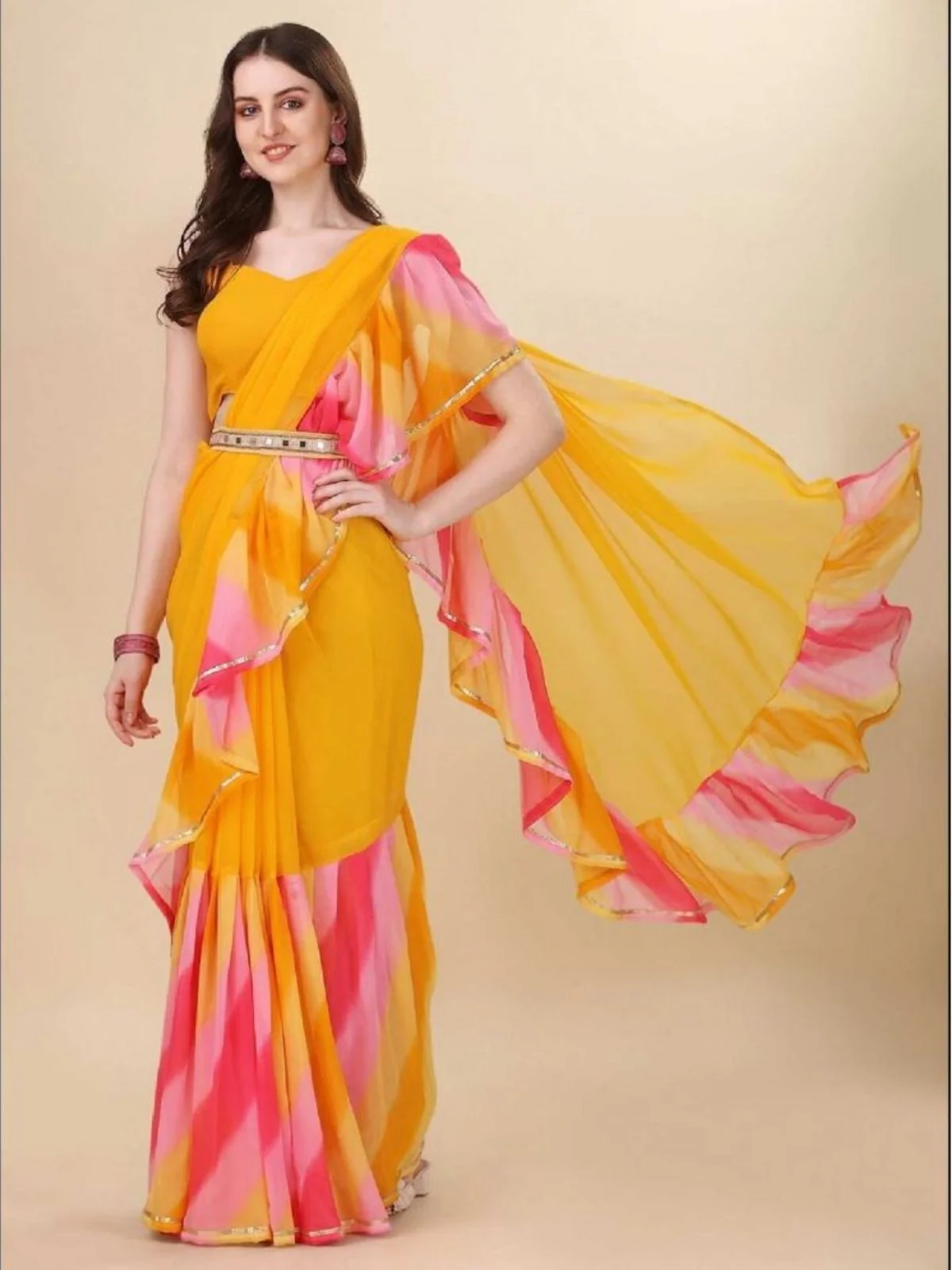Odette Yellow Georgette Printed And Ruffle Saree For Women