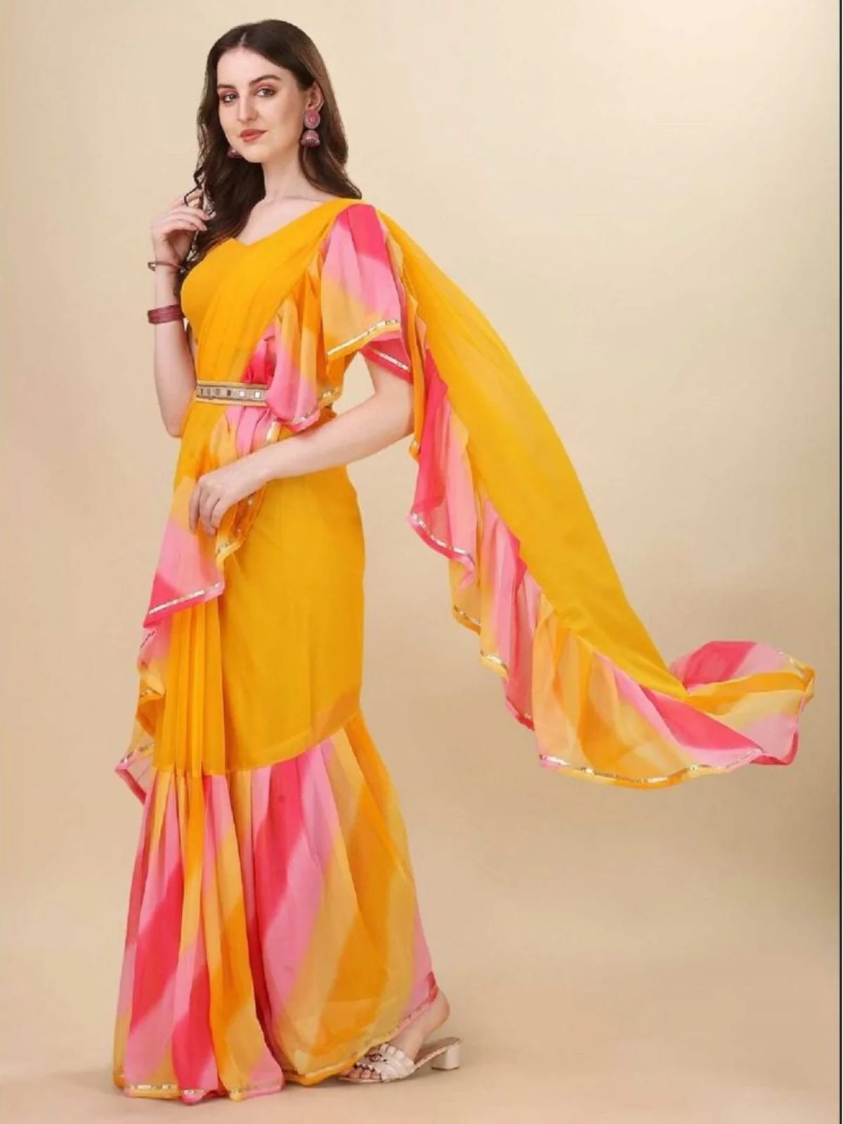 Odette Yellow Georgette Printed And Ruffle Saree For Women - Image 2