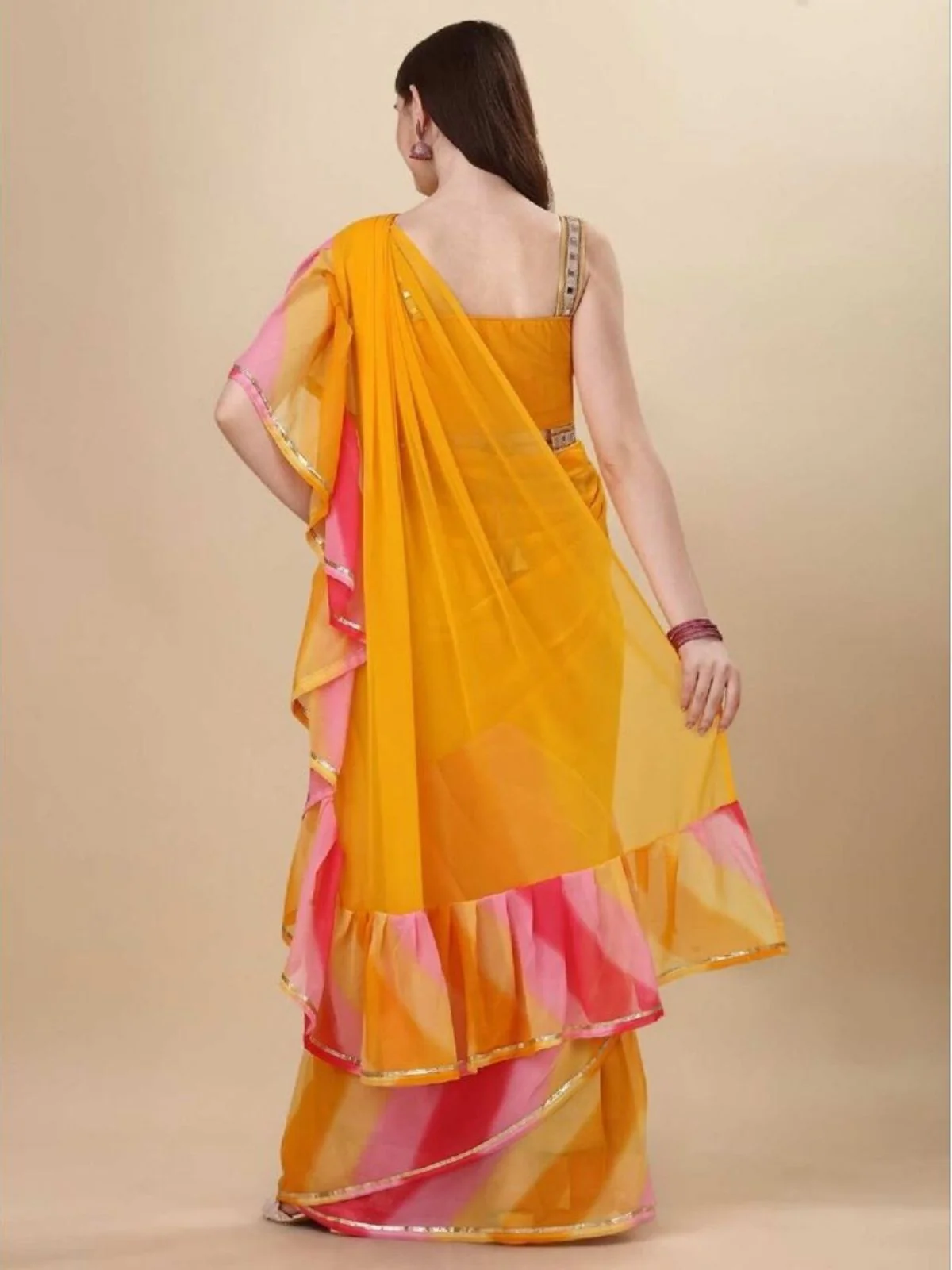 Odette Yellow Georgette Printed And Ruffle Saree For Women - Image 3