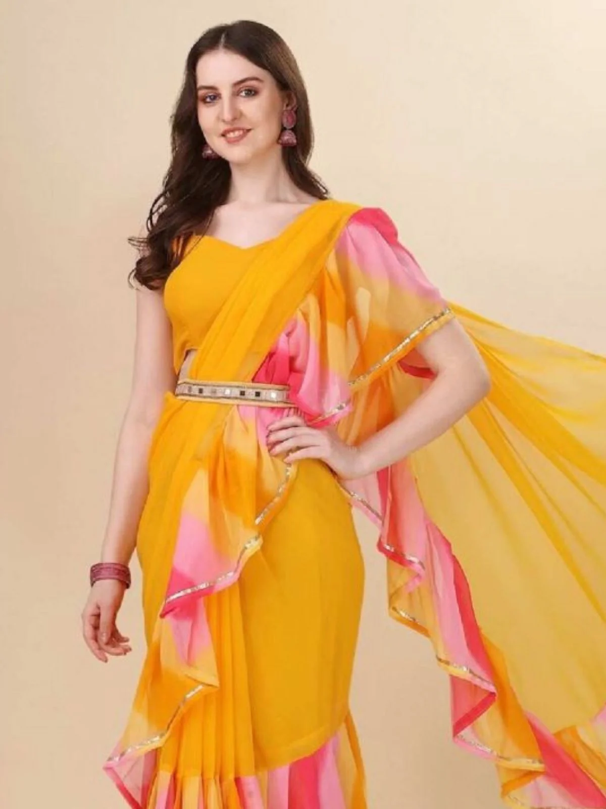Odette Yellow Georgette Printed And Ruffle Saree For Women - Image 4
