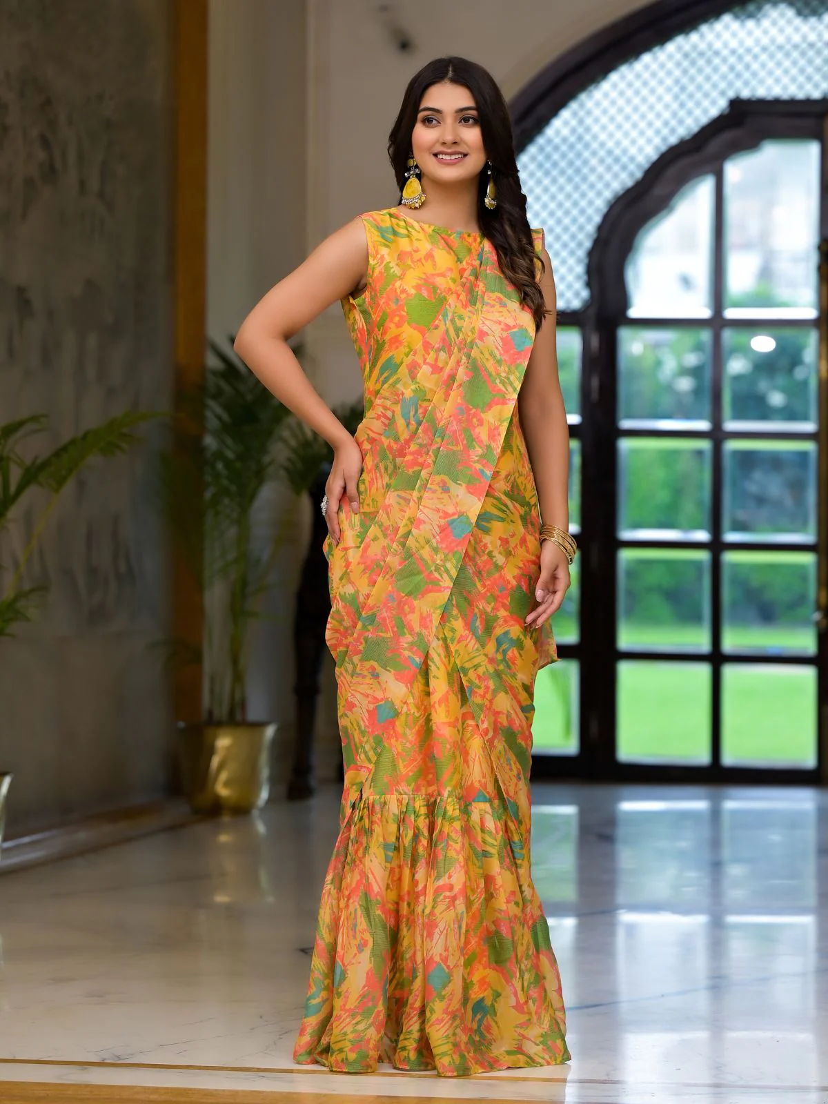 Odette Yellow Georgette Printed Ready To Wear Saree For Women - Image 2