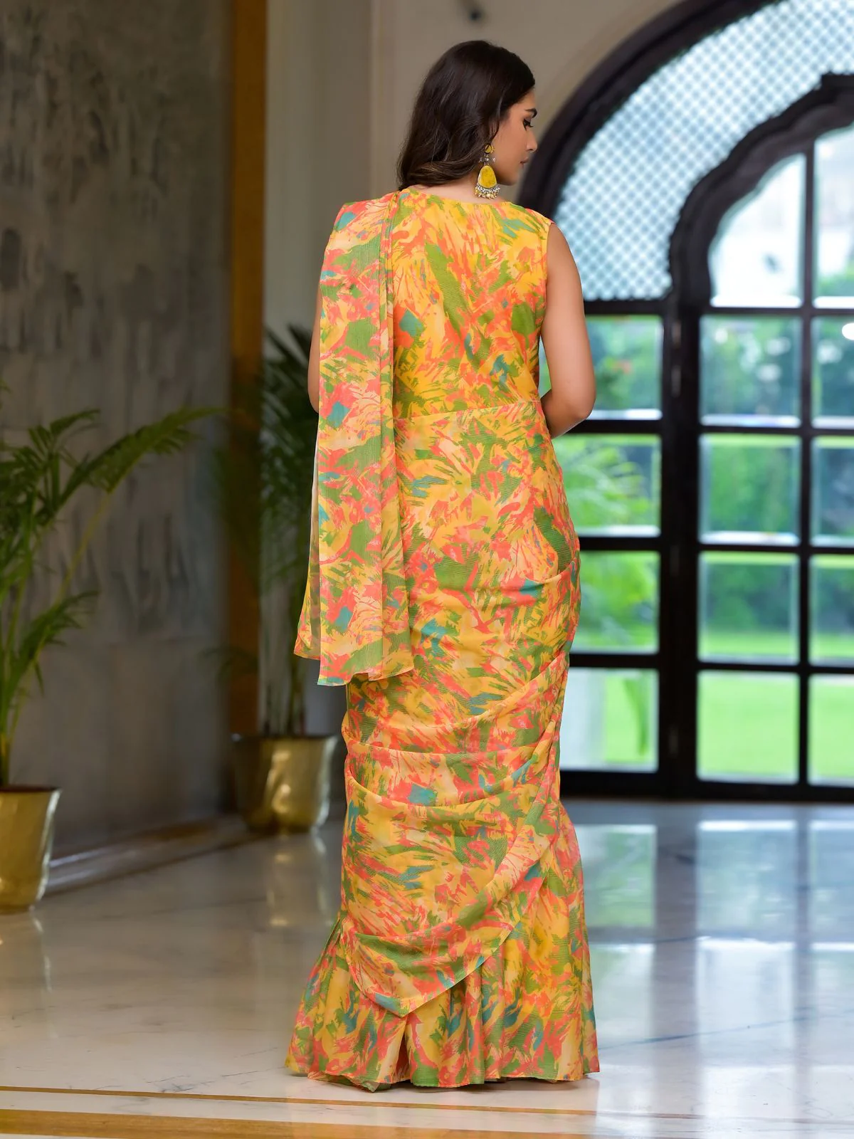Odette Yellow Georgette Printed Ready To Wear Saree For Women - Image 4