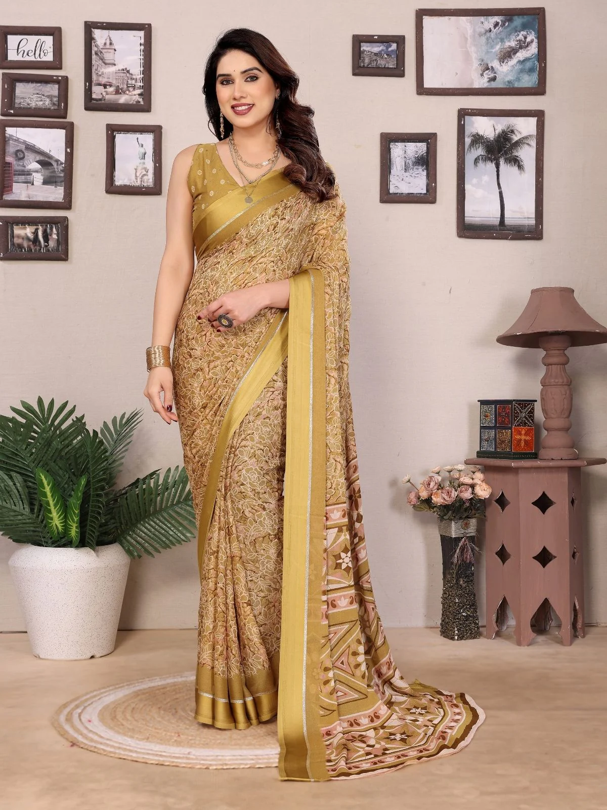 Odette Yellow Georgette Printed Saree For Women