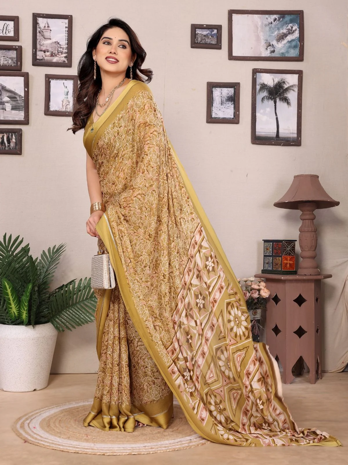 Odette Yellow Georgette Printed Saree For Women - Image 2