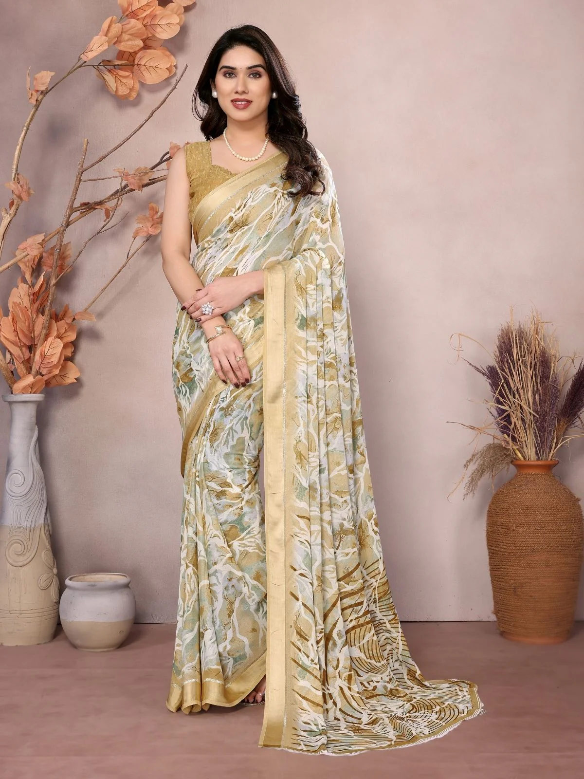 Odette Cream Georgette Printed Saree For Women