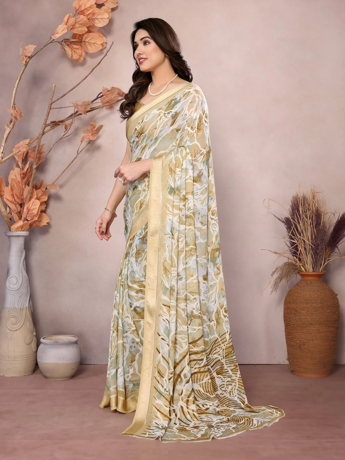 Odette Cream Georgette Printed Saree For Women - Image 3