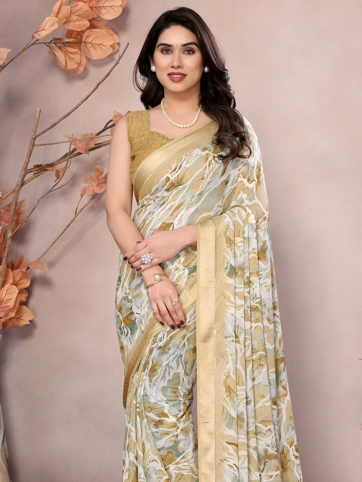 Odette Cream Georgette Printed Saree For Women - Image 4