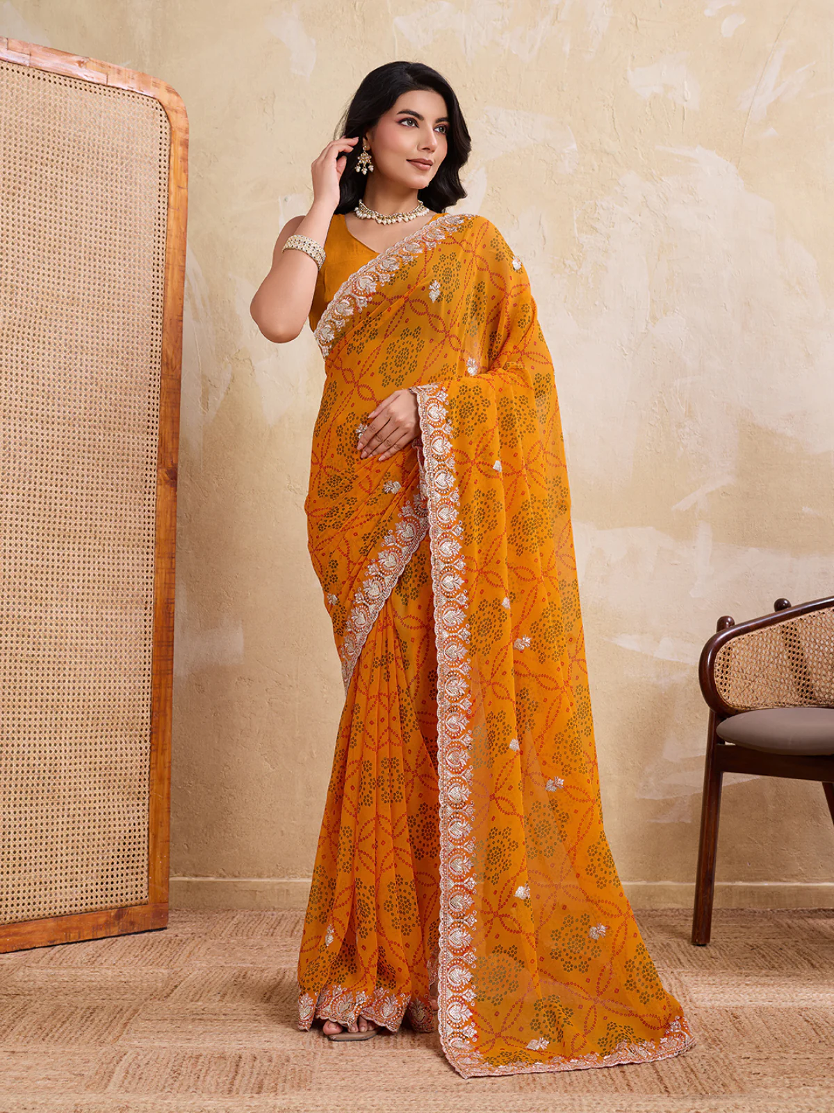 Odette Yellow Georgette Printed Saree For Women