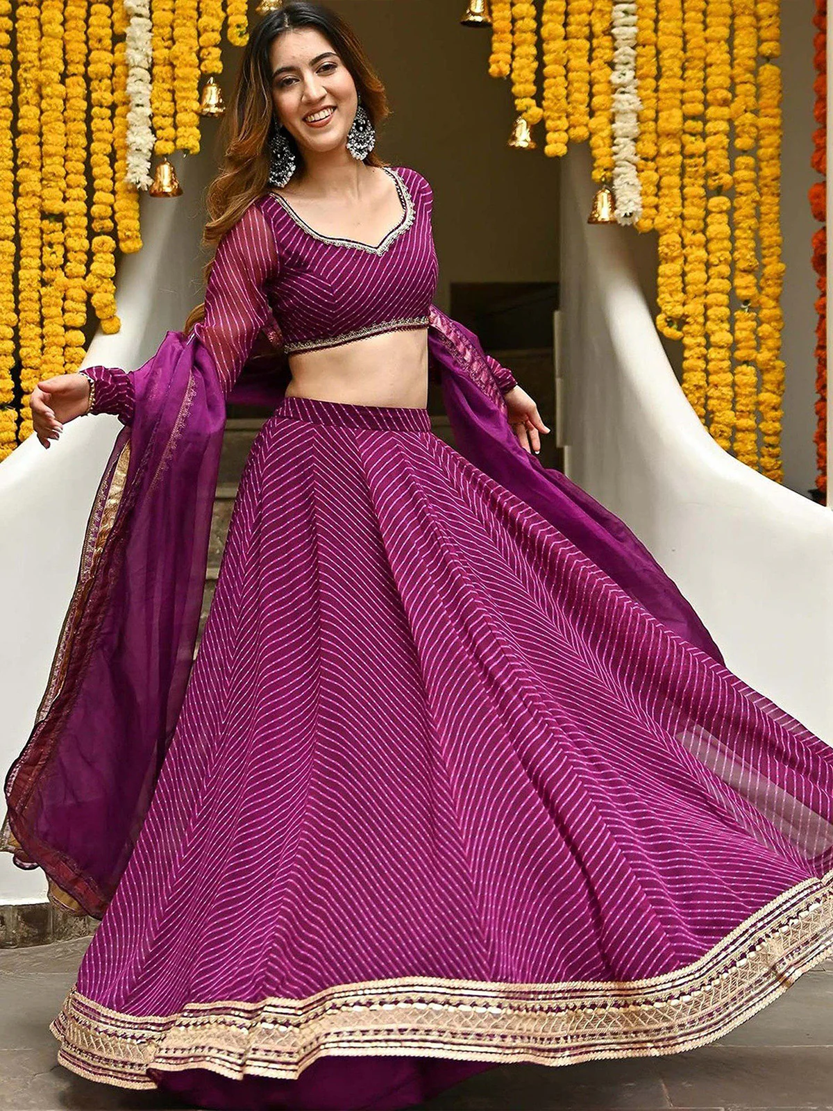 Odette Purple Georgette Printed Semi Stitched Lehenga With Unstitched Blouse For Women - Image 2