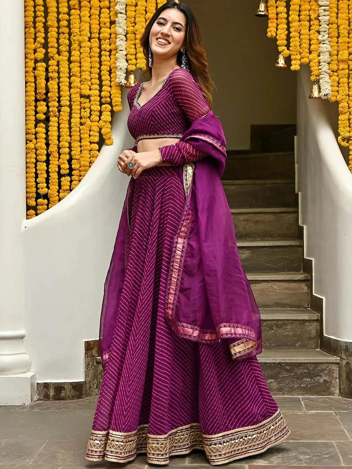 Odette Purple Georgette Printed Semi Stitched Lehenga With Unstitched Blouse For Women - Image 4