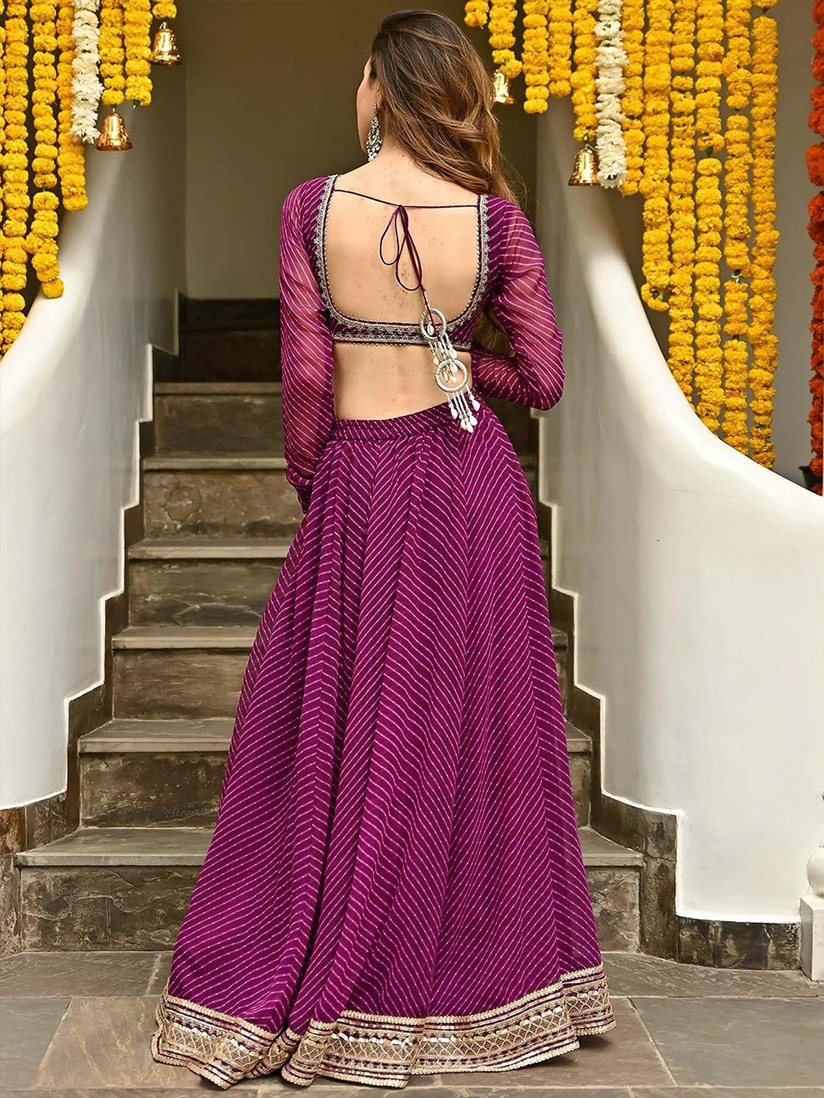 Odette Purple Georgette Printed Semi Stitched Lehenga With Unstitched Blouse For Women - Image 5