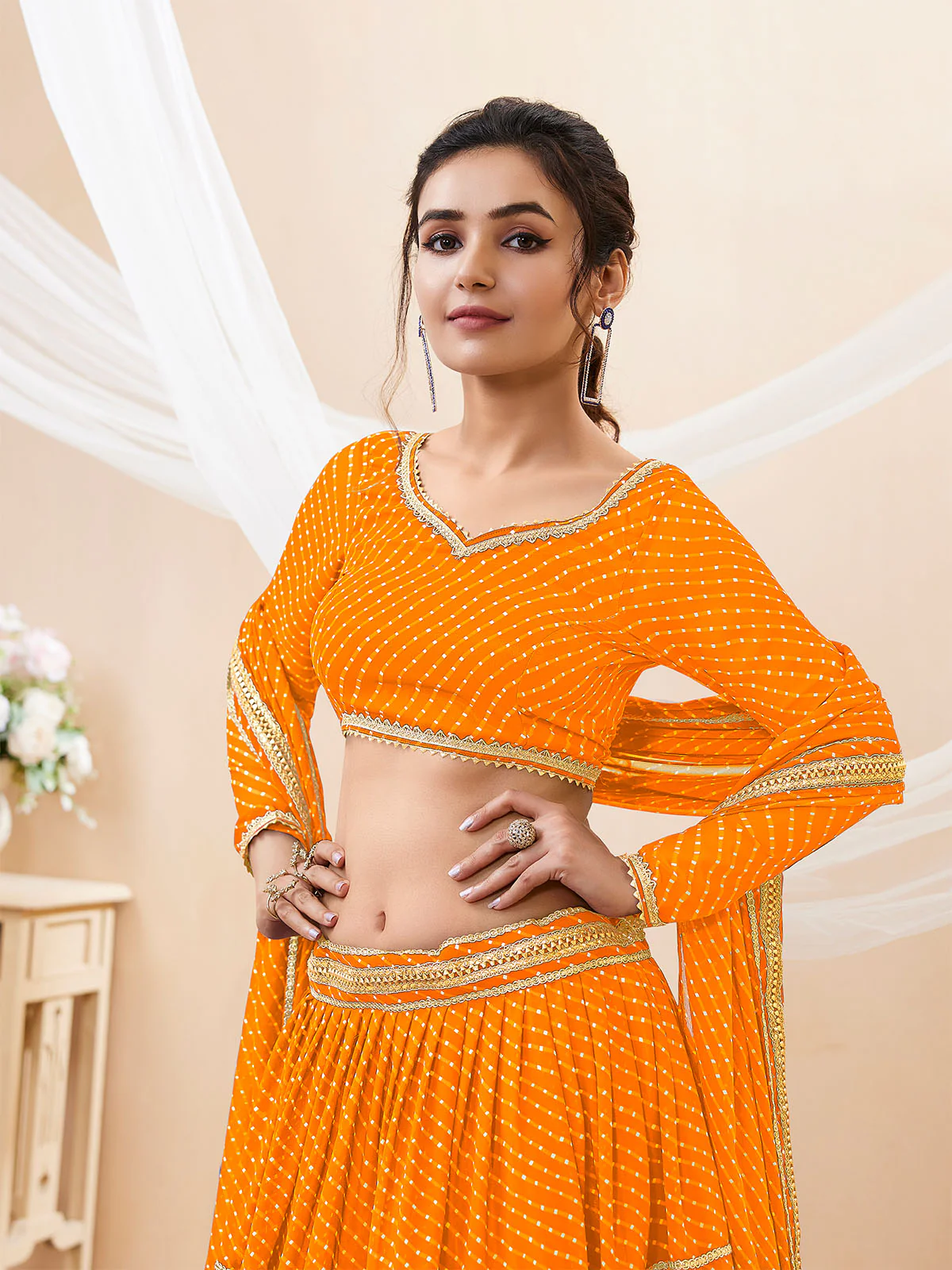 Odette Yellow Georgette Printed Semi Stitched Lehenga With Unstitched Blouse For Women - Image 4