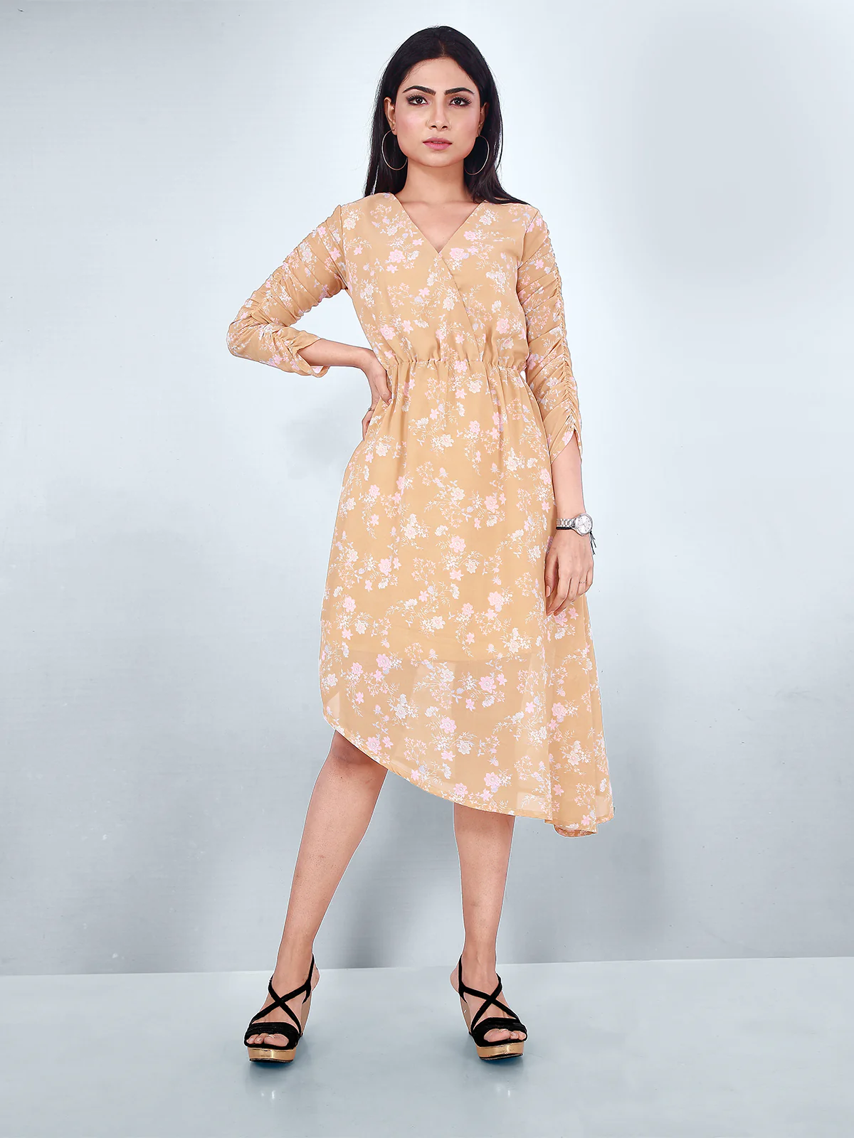 Odette Yellow Georgette Printed Stitched Dress For Women - Image 2