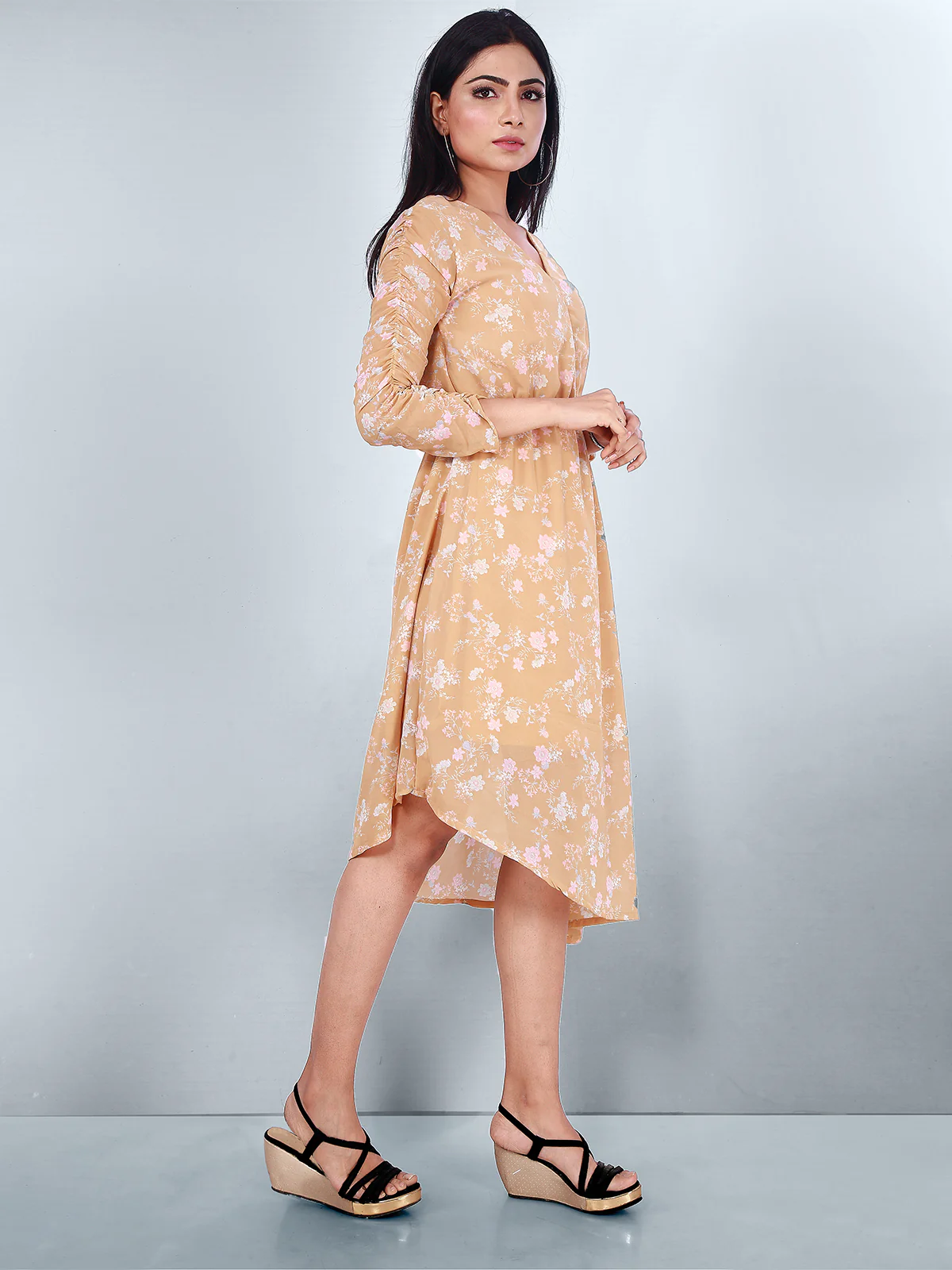 Odette Yellow Georgette Printed Stitched Dress For Women - Image 3