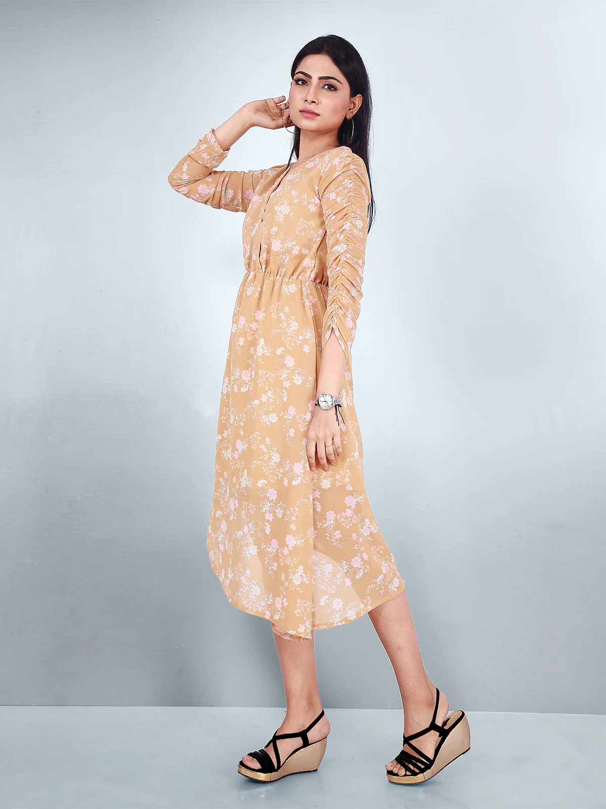 Odette Yellow Georgette Printed Stitched Dress For Women - Image 4
