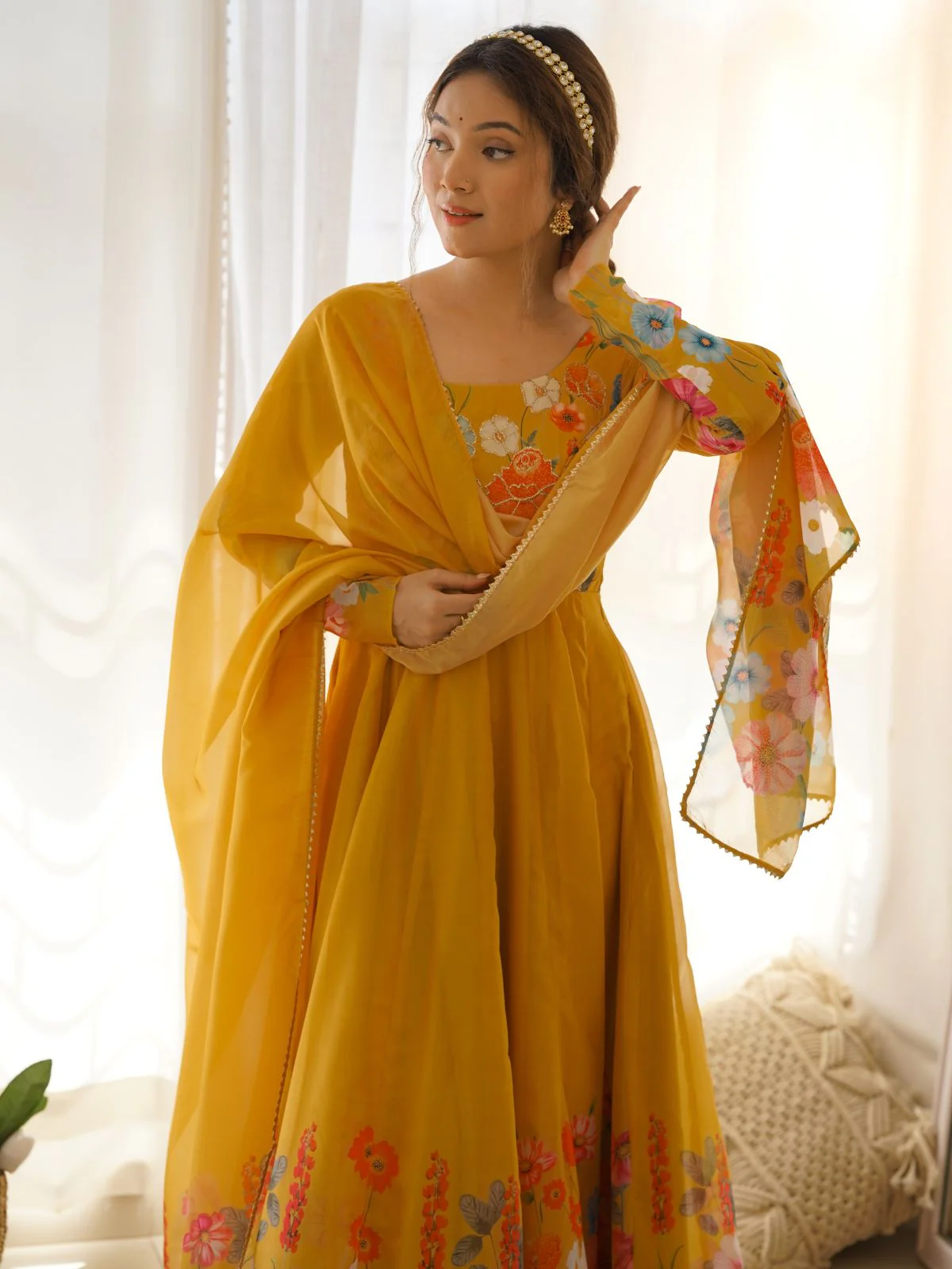 Odette Yellow Georgette Printed Stitched Kurta Set For Women - Image 4