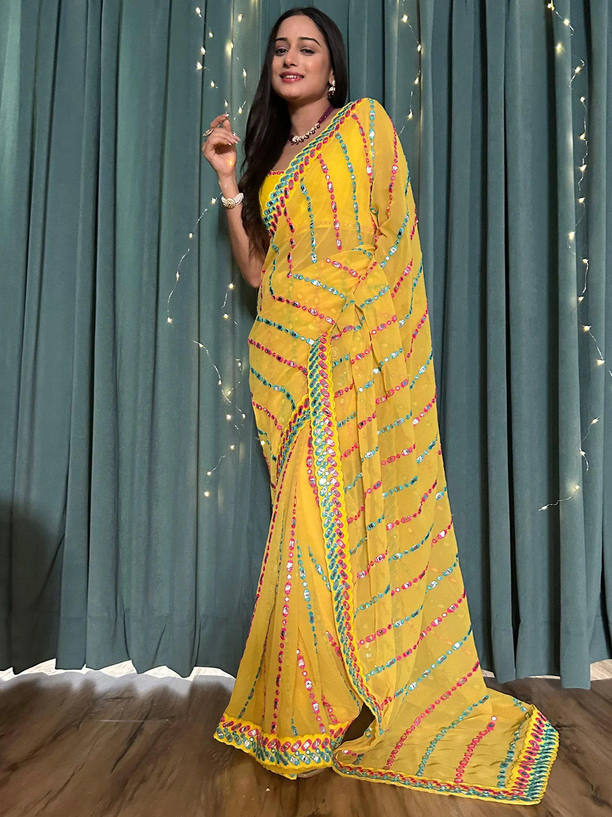 Odette Yellow Georgette Saree with unstitched Blouse for Women - Image 3