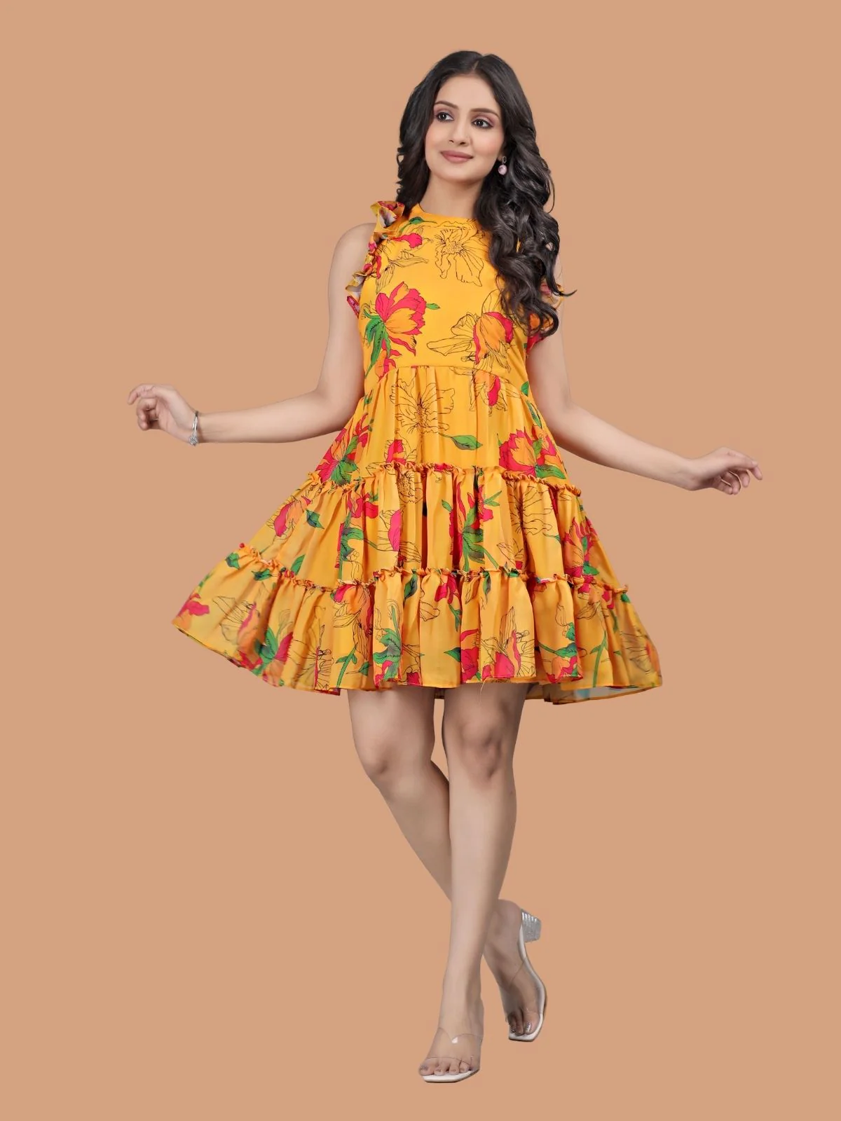 Odette Yellow Georgette Solid Dress For Women