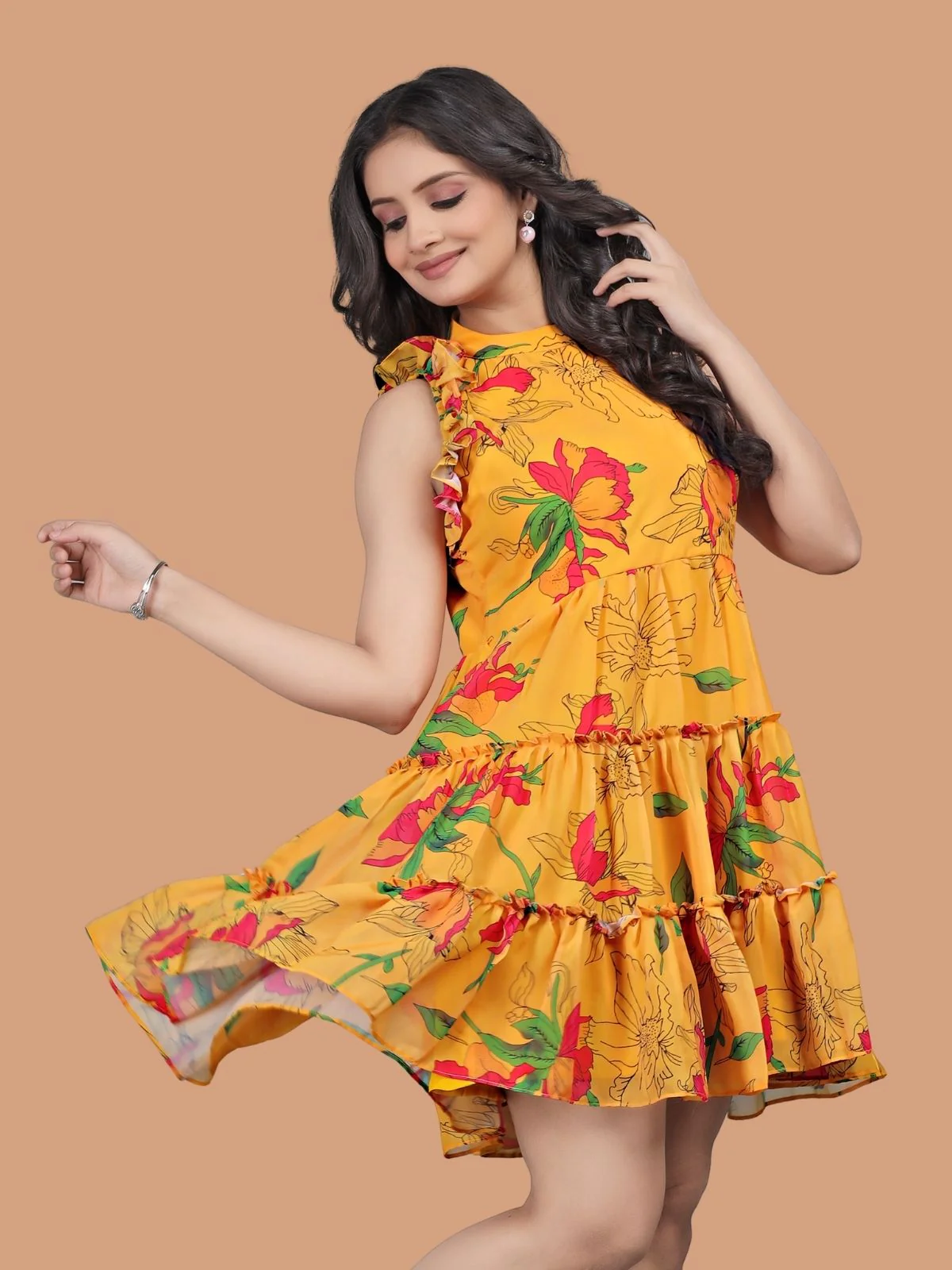 Odette Yellow Georgette Solid Dress For Women - Image 2