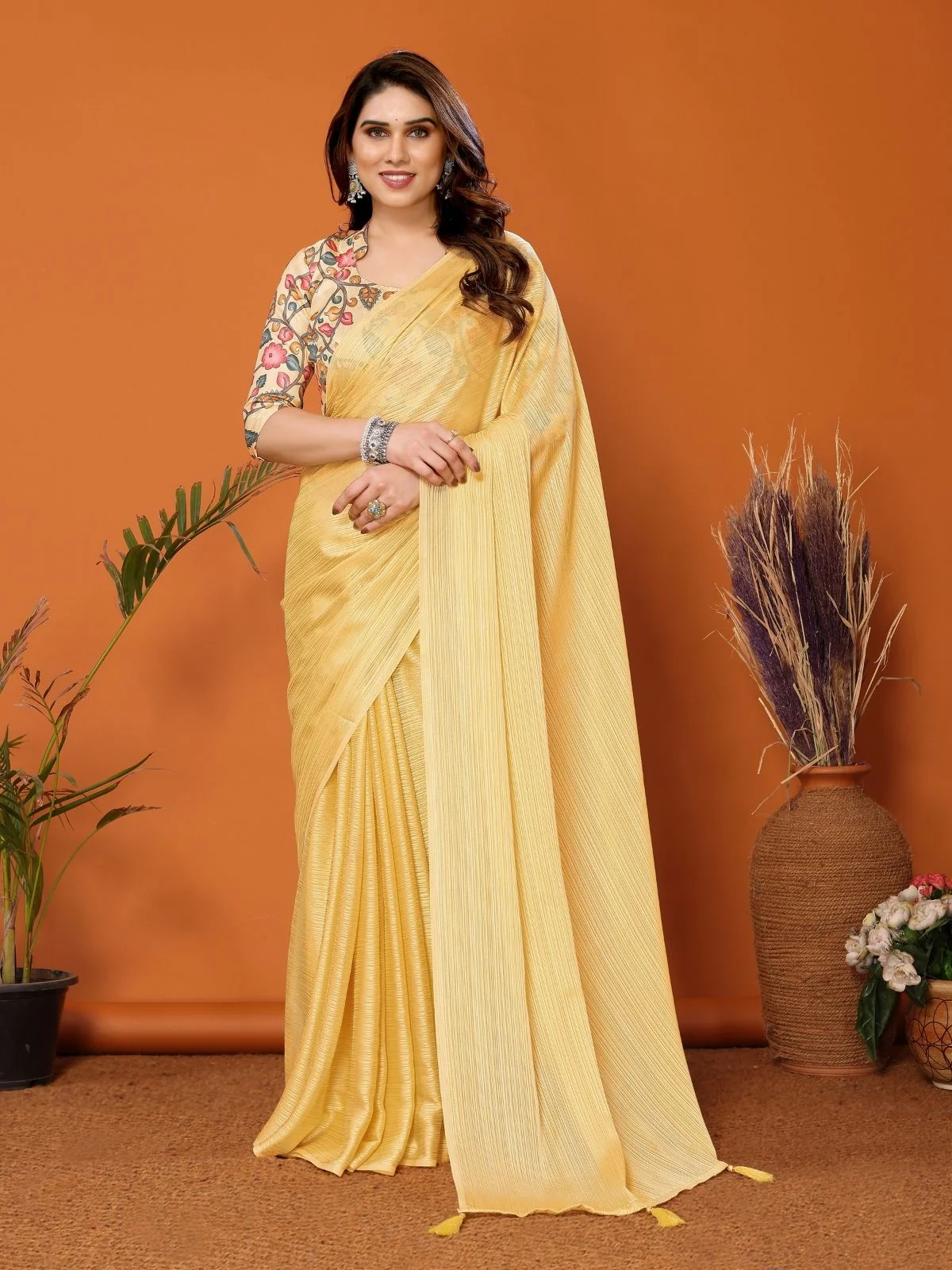 Odette Yellow Georgette Solid Saree For Women