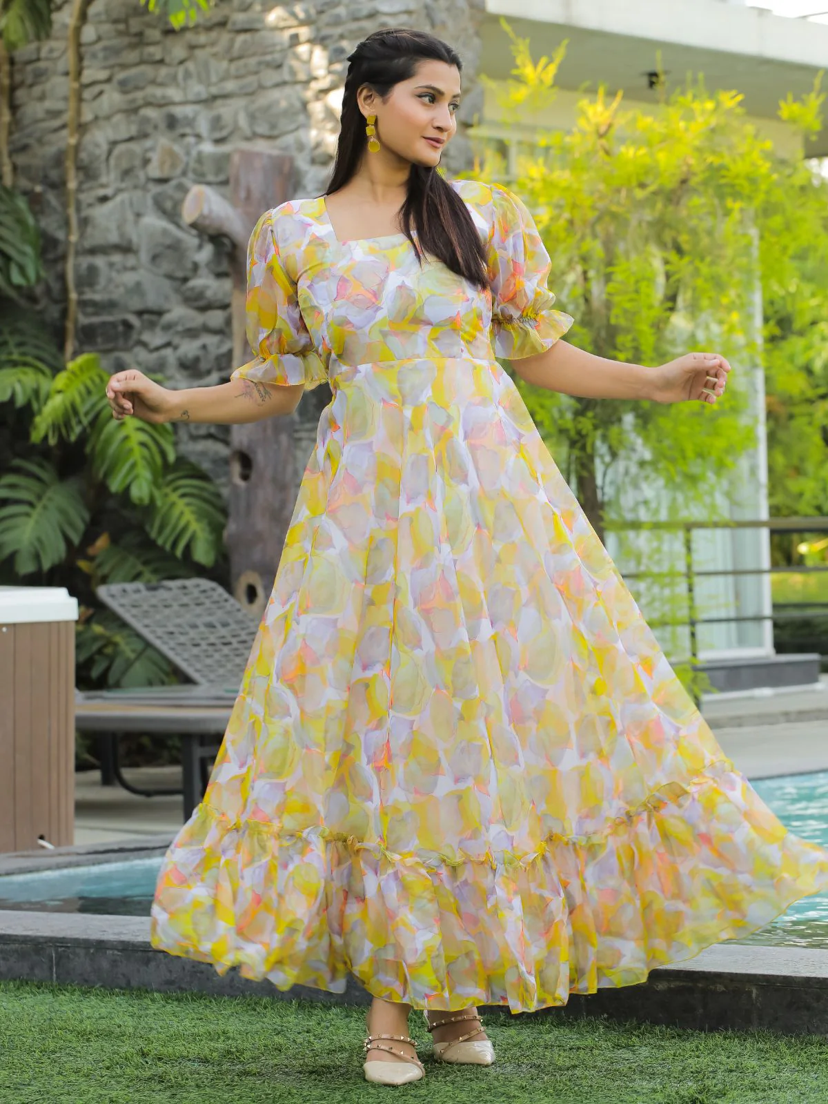 Odette Yellow Georgette Stitched Printed Indo Western Dress For Women - Image 3