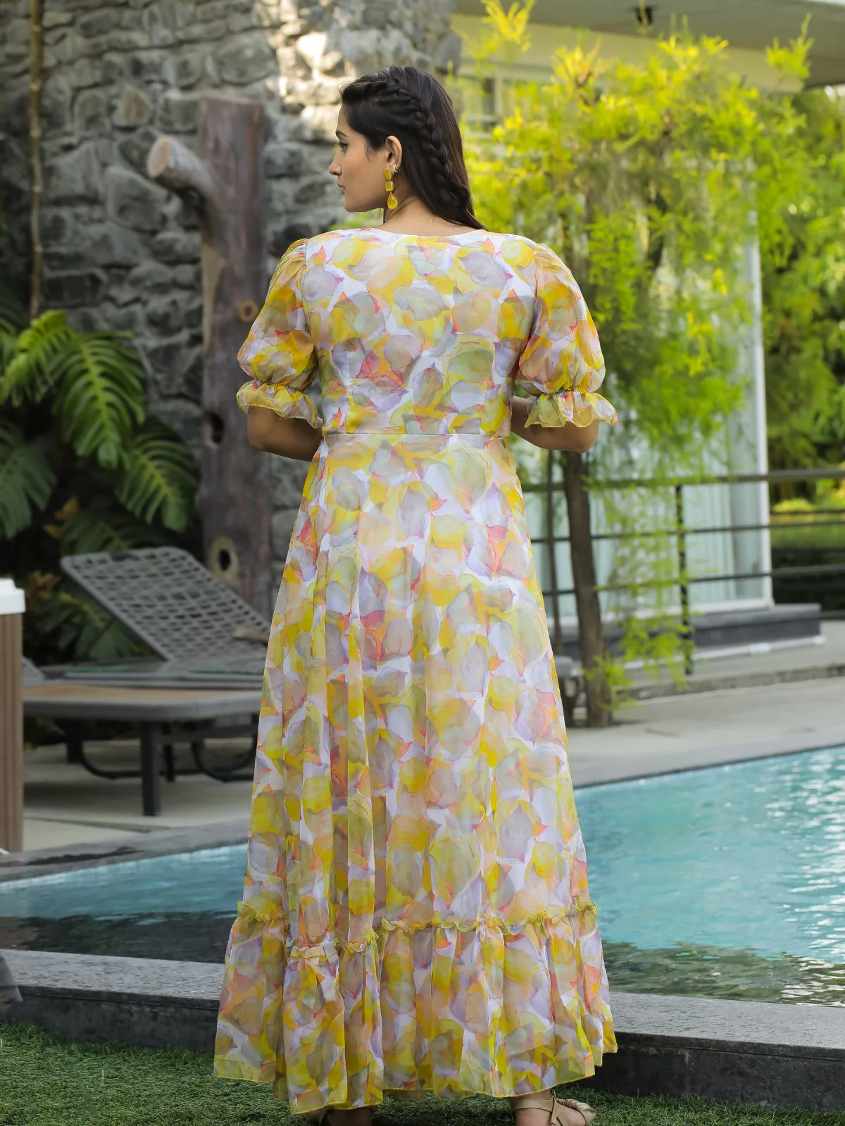 Odette Yellow Georgette Stitched Printed Indo Western Dress For Women - Image 5