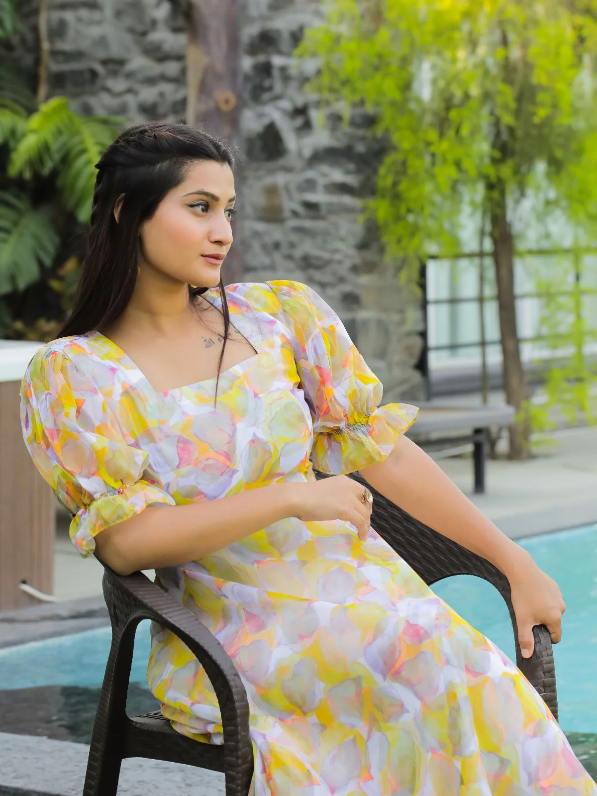 Odette Yellow Georgette Stitched Printed Indo Western Dress For Women - Image 6