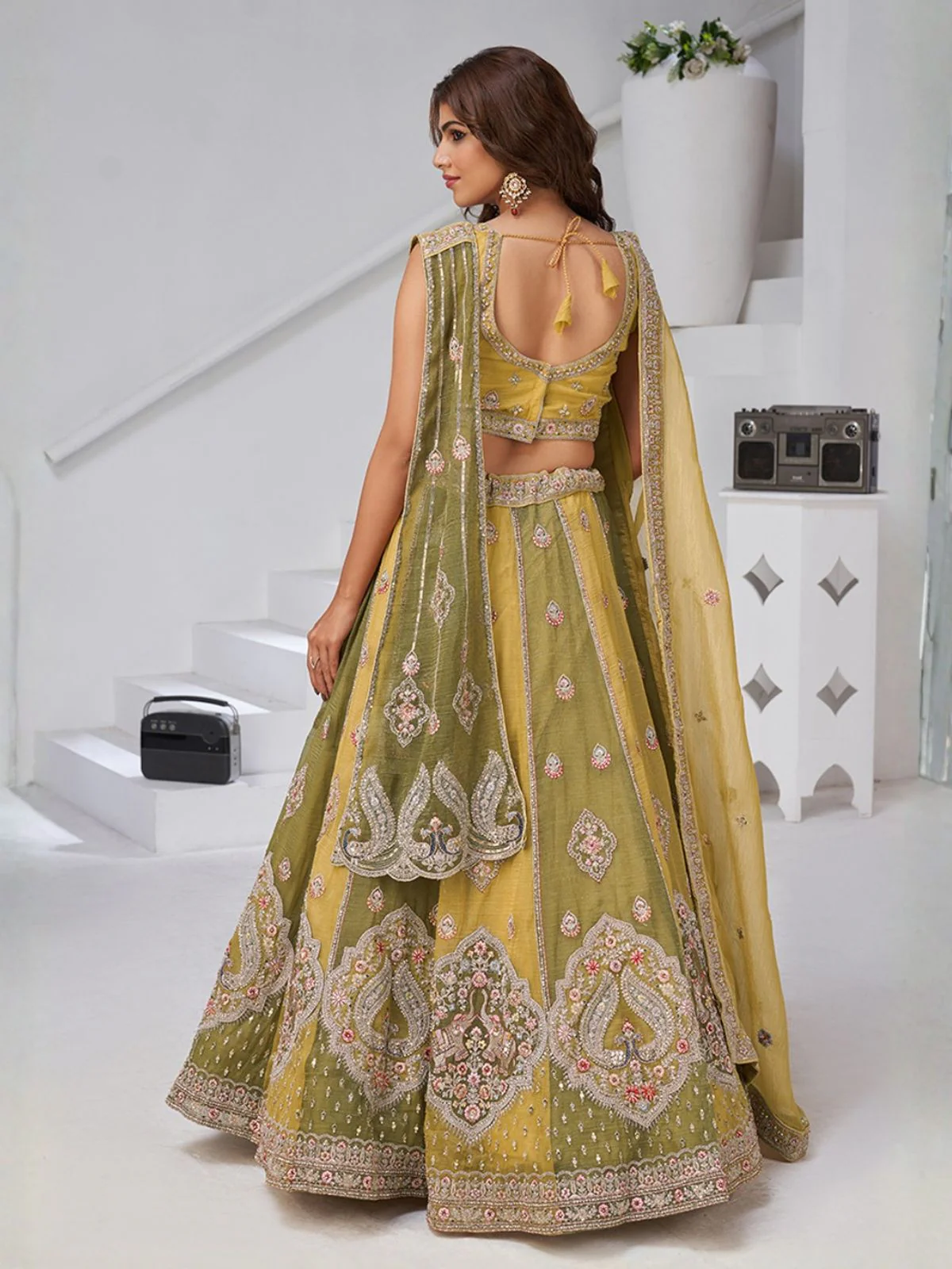 Odette Yellow Georgette Tissue Embroidered Semi-Stitched Lehenga For Women - Image 2