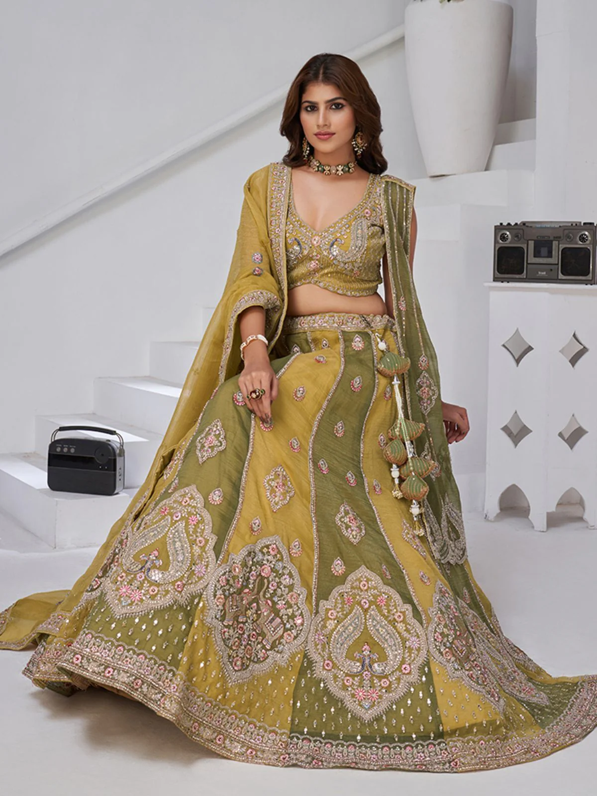 Odette Yellow Georgette Tissue Embroidered Semi-Stitched Lehenga For Women - Image 3