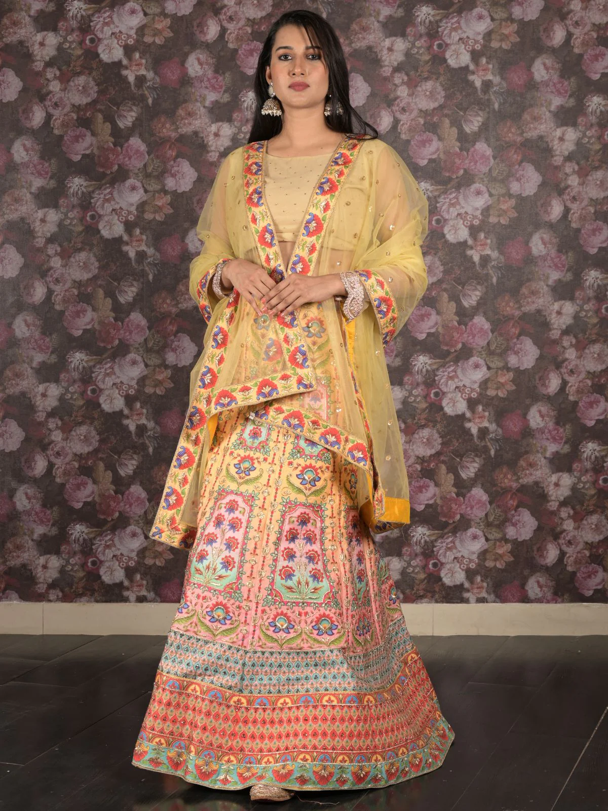 Odette Yellow Heavy Printed Embroidered Silk Blend Semi-Stitched Lehenga with Unstitched Blouse for Women - Image 2