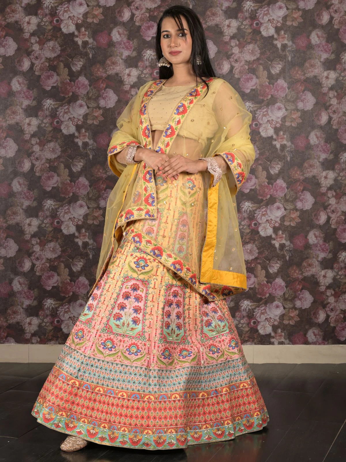 Odette Yellow Heavy Printed Embroidered Silk Blend Semi-Stitched Lehenga with Unstitched Blouse for Women - Image 3