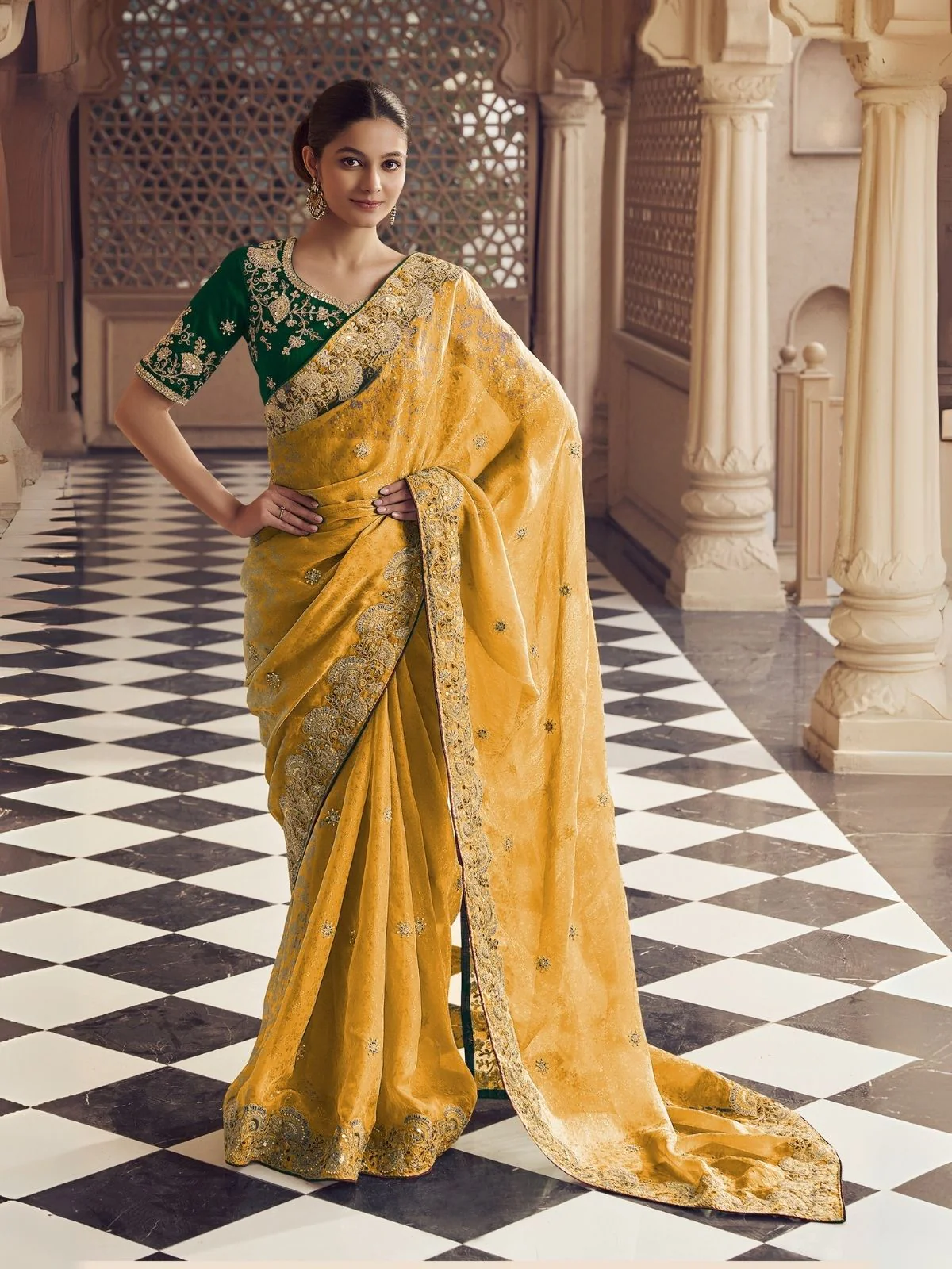 Odette Yellow Jacquard Embroidered Elegant Saree For Women