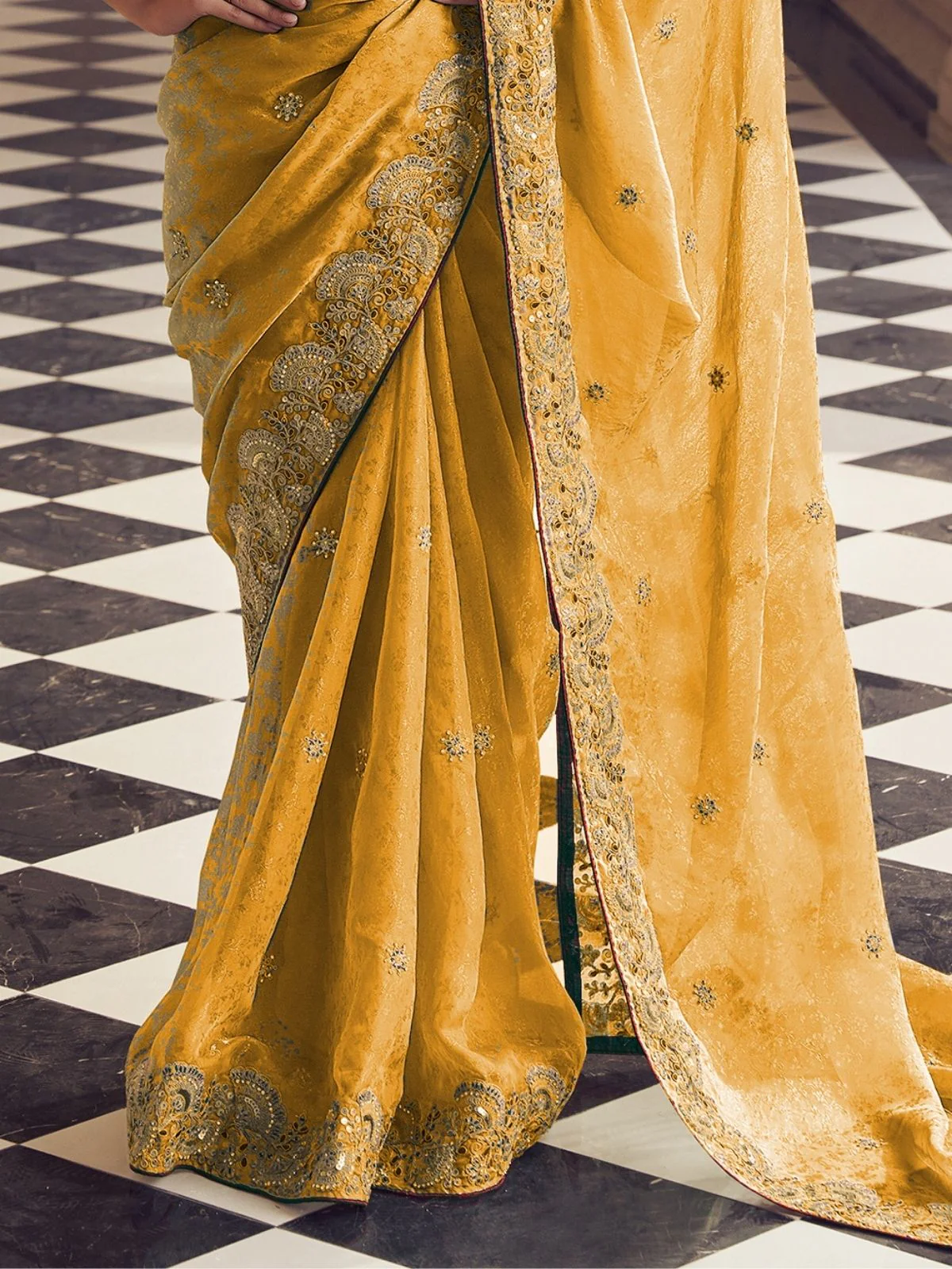 Odette Yellow Jacquard Embroidered Elegant Saree For Women - Image 2