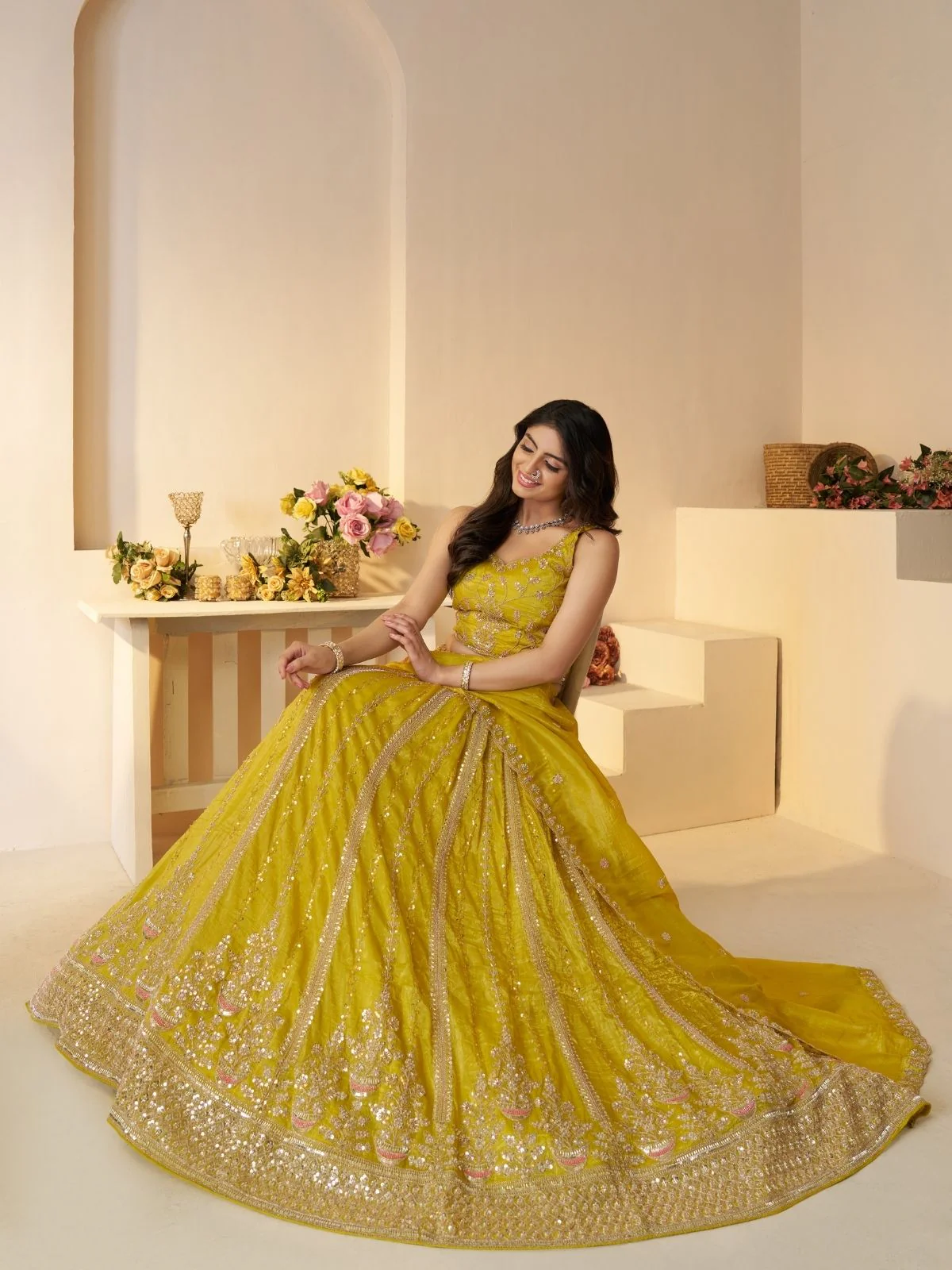 Odette Yellow Jimmy Choo Embroidered Semi-Stitched Lehenga For Women - Image 2