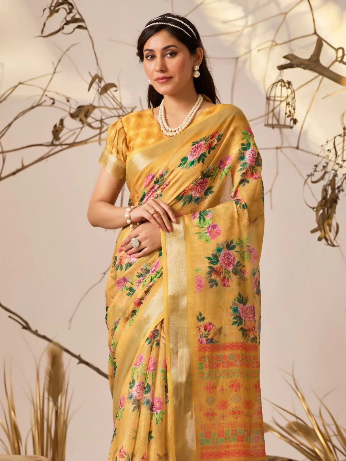 Odette Yellow Linen Cotton Printed Saree For Women - Image 4