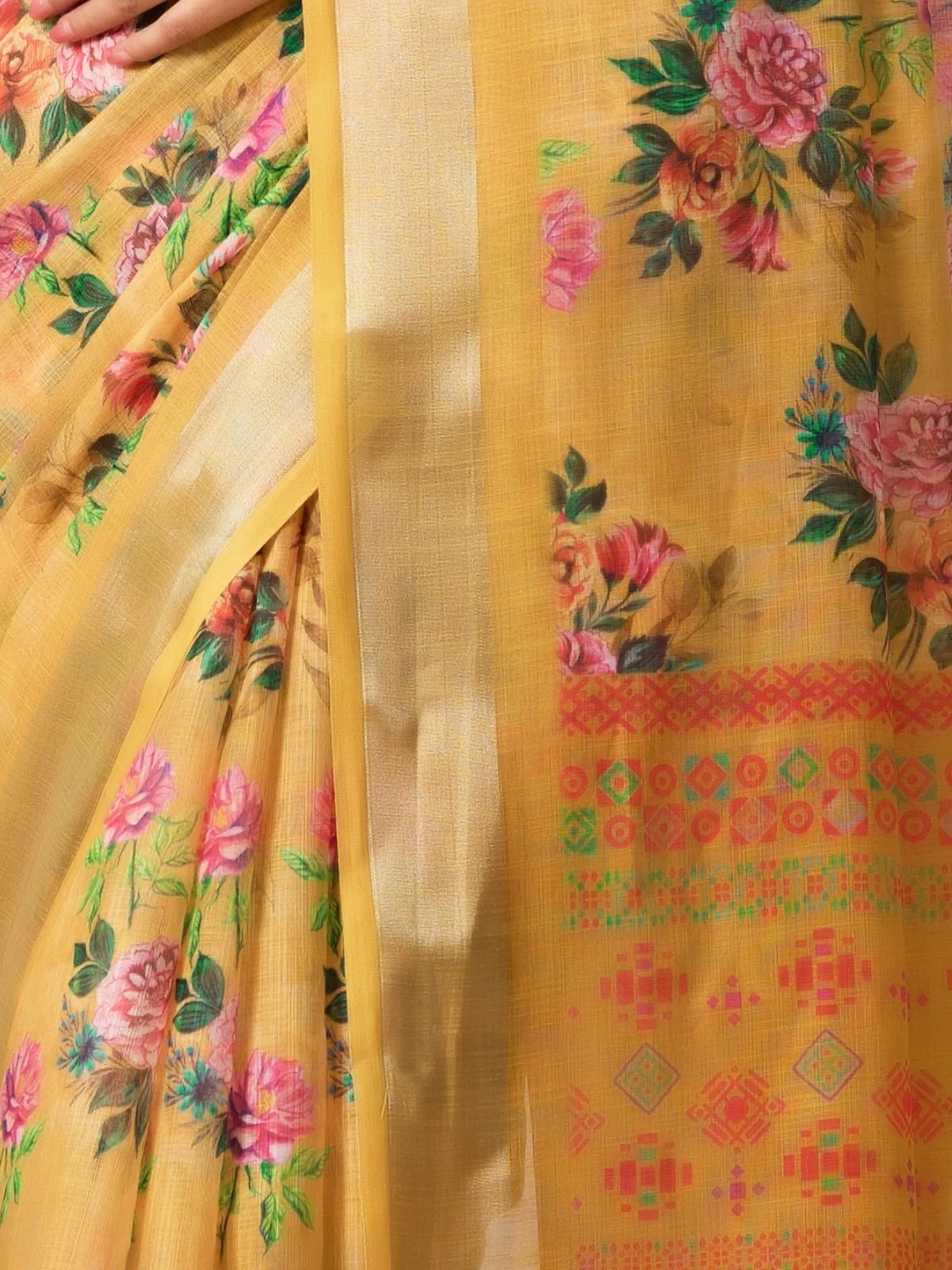 Odette Yellow Linen Cotton Printed Saree For Women - Image 5