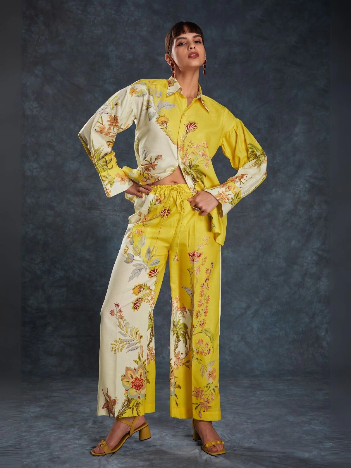 Odette Yellow Linen Printed Stitched Co-Ord Set For Women