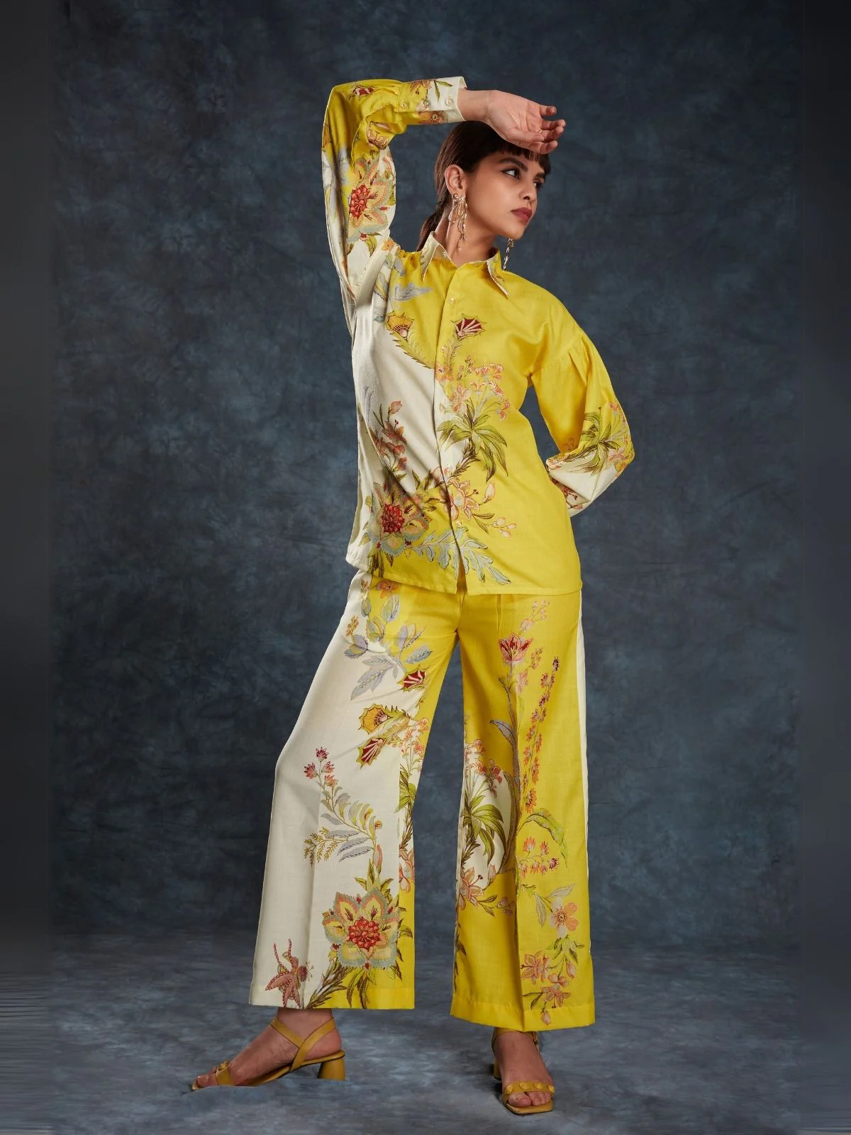Odette Yellow Linen Printed Stitched Co-Ord Set For Women - Image 2