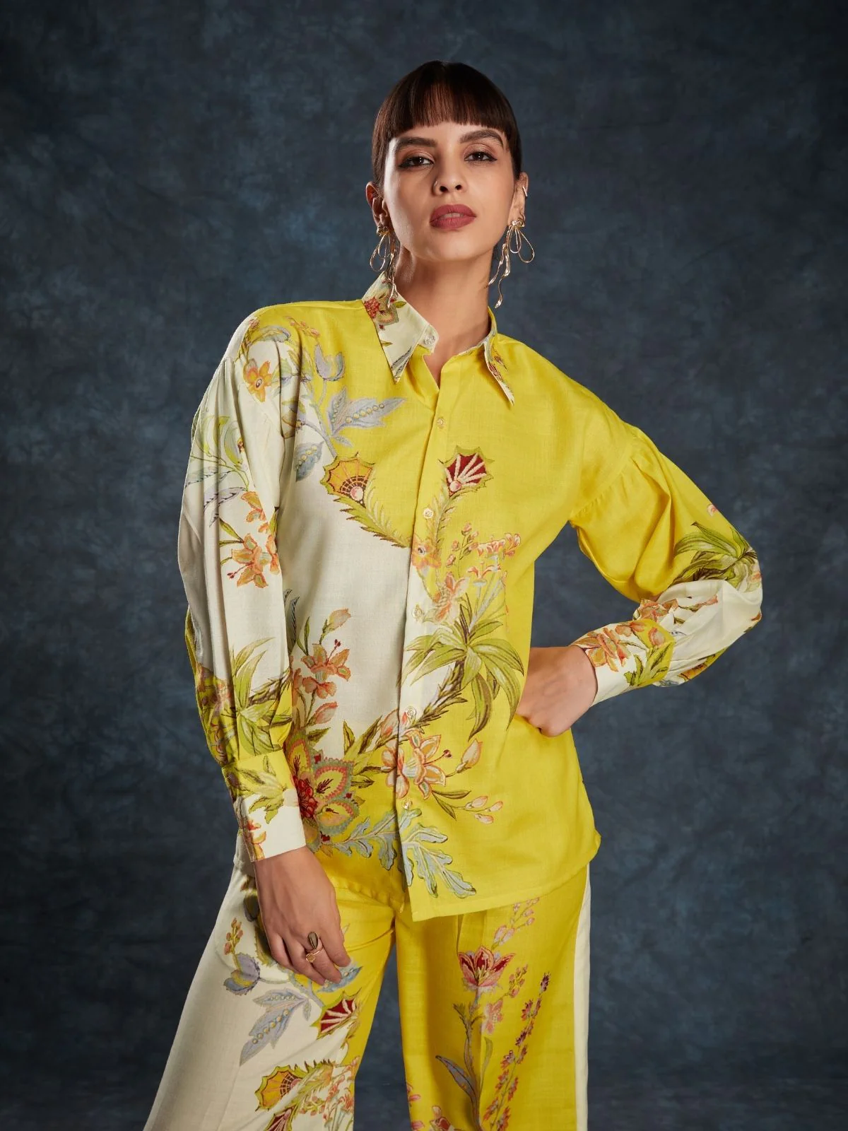 Odette Yellow Linen Printed Stitched Co-Ord Set For Women - Image 7
