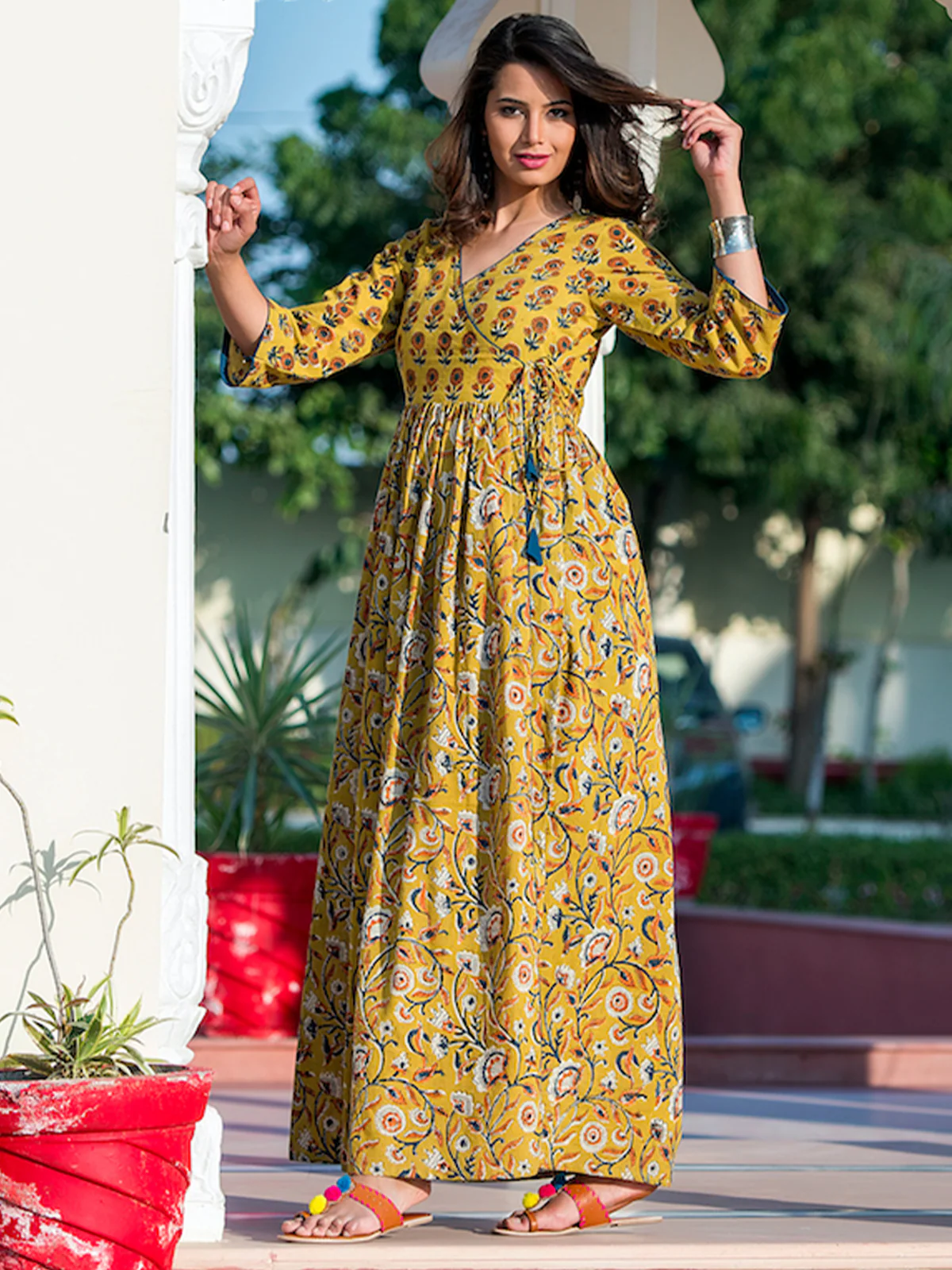 Odette Yellow Muslin Printed Stitched Gown for Women - Image 2