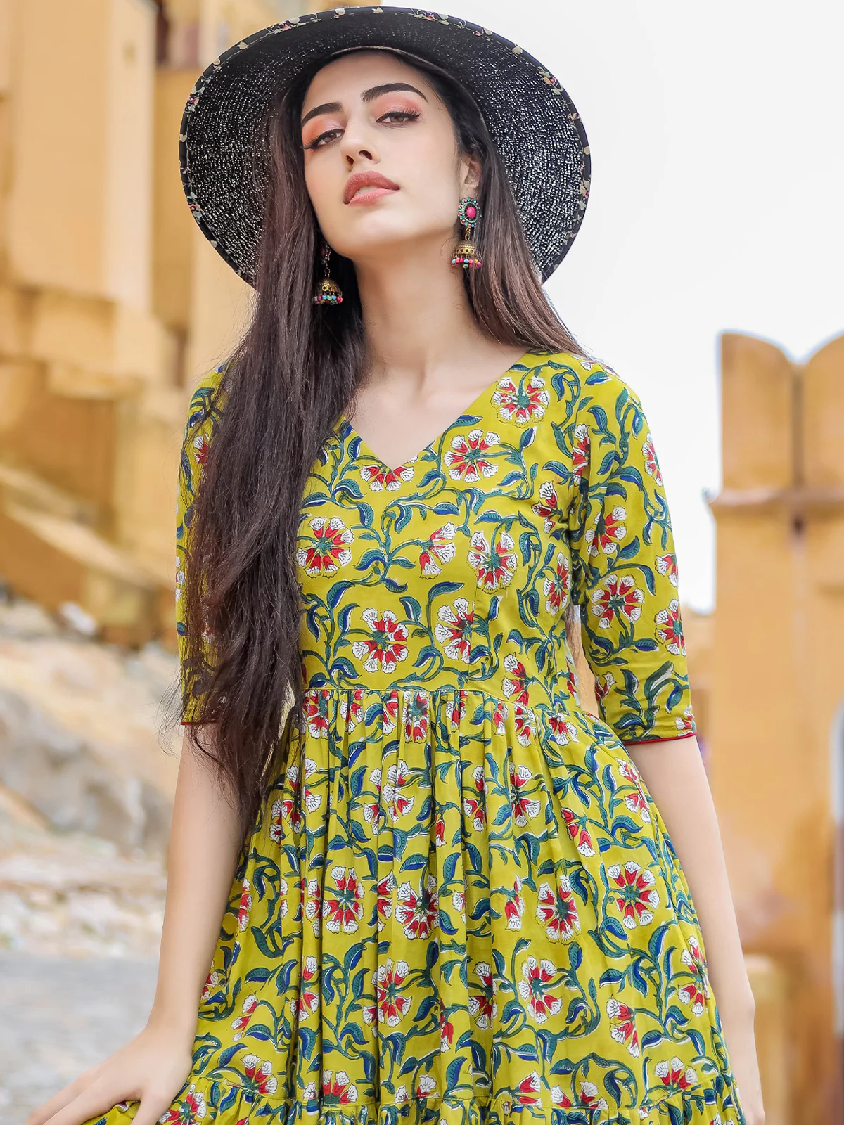 Odette Yellow Muslin Printed Stitched Gown for Women - Image 4