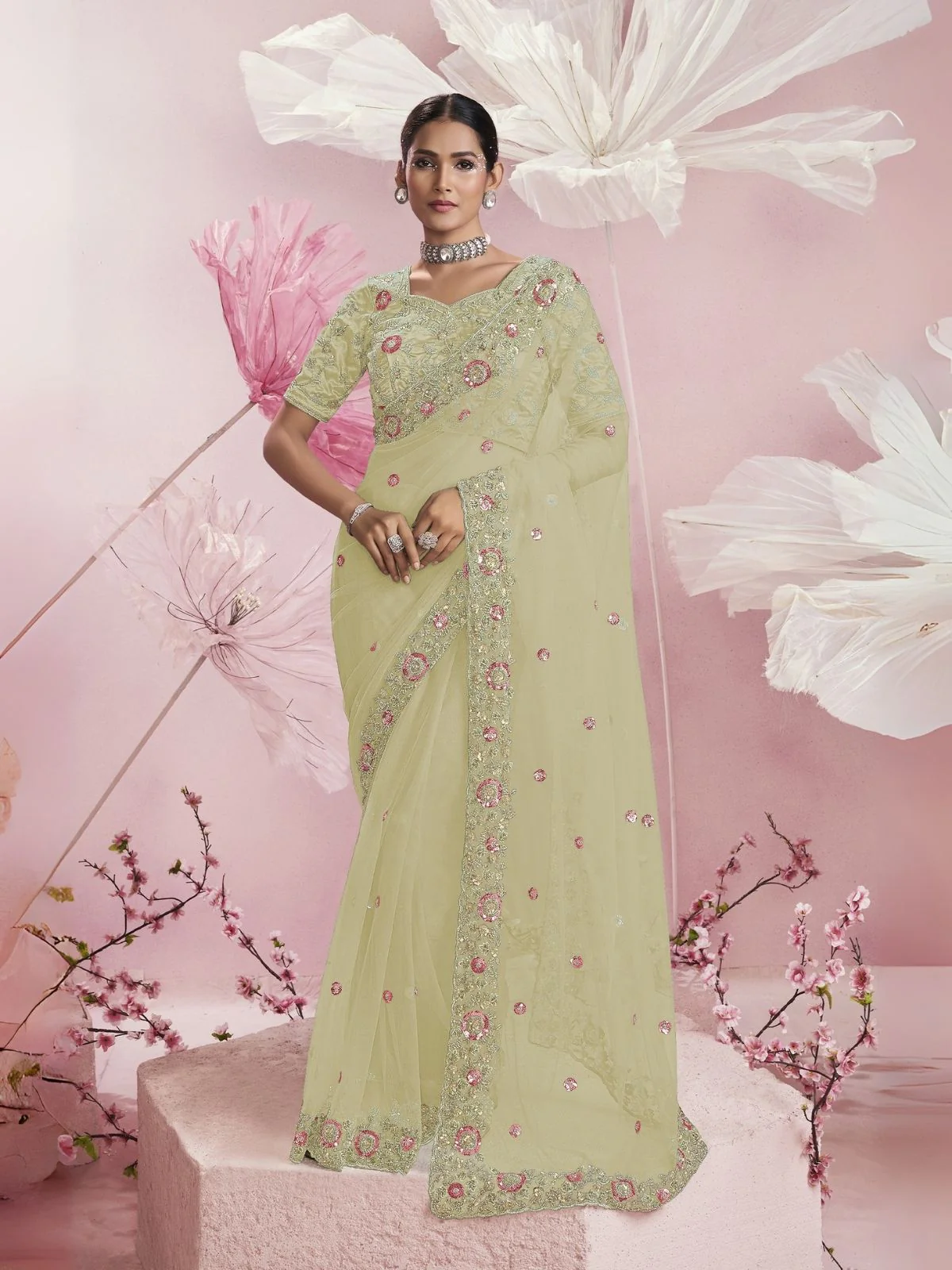 Odette Yellow Net Embellished Elegant Saree For Women