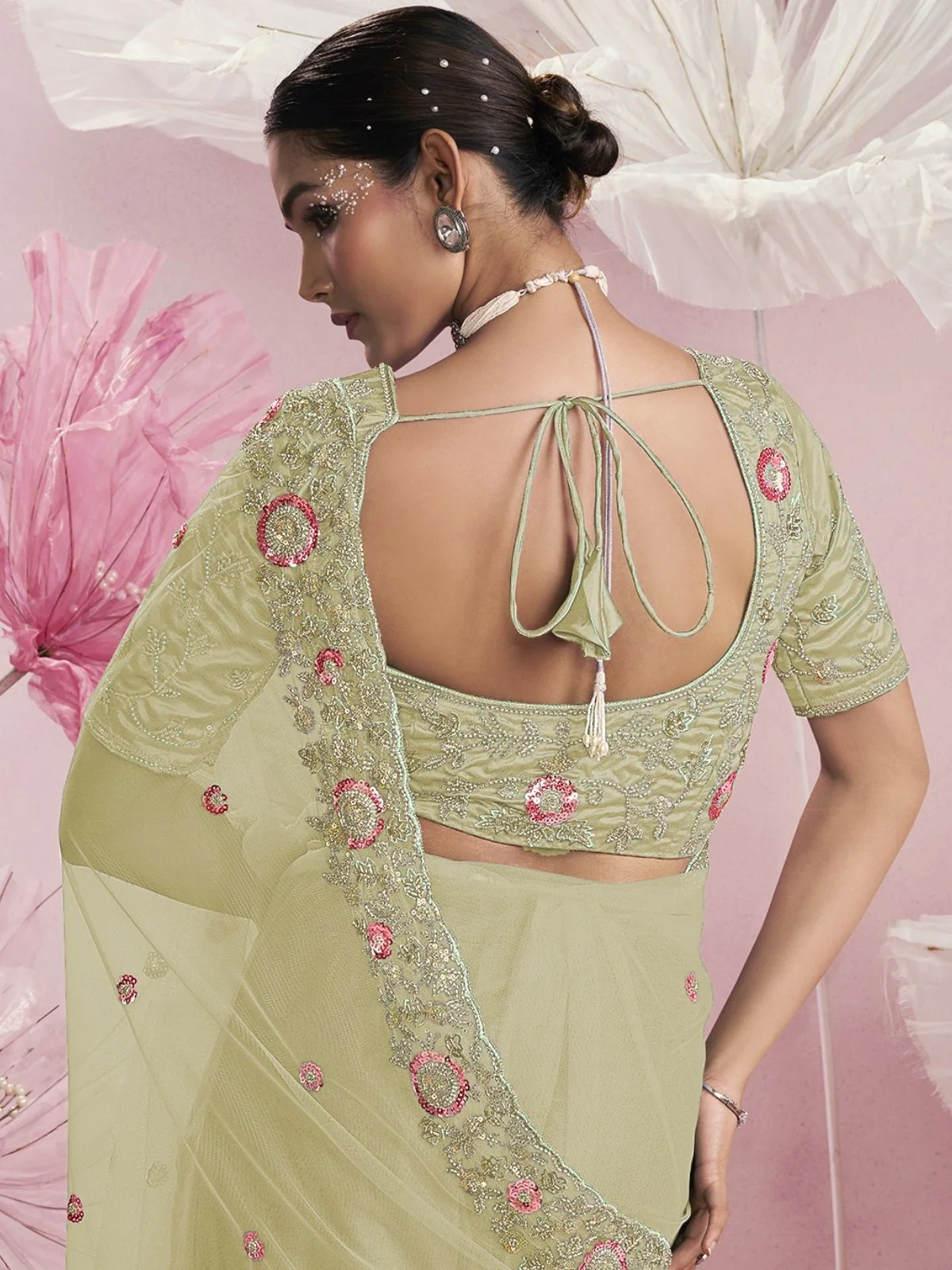 Odette Yellow Net Embellished Elegant Saree For Women - Image 3
